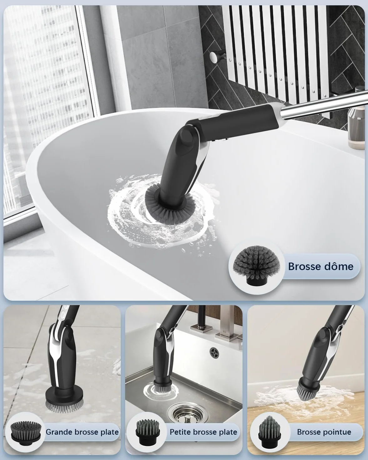 Leebein Brosse Électrique Nettoyage, 2026 Brosse Nettoyage sans Fil avec 8 Brosses Remplaçables, Télécommande, 2 Vitesses de Rotation et Longueur Réglable 38-132CM pour Salle de Bain/Cusine/Voiture