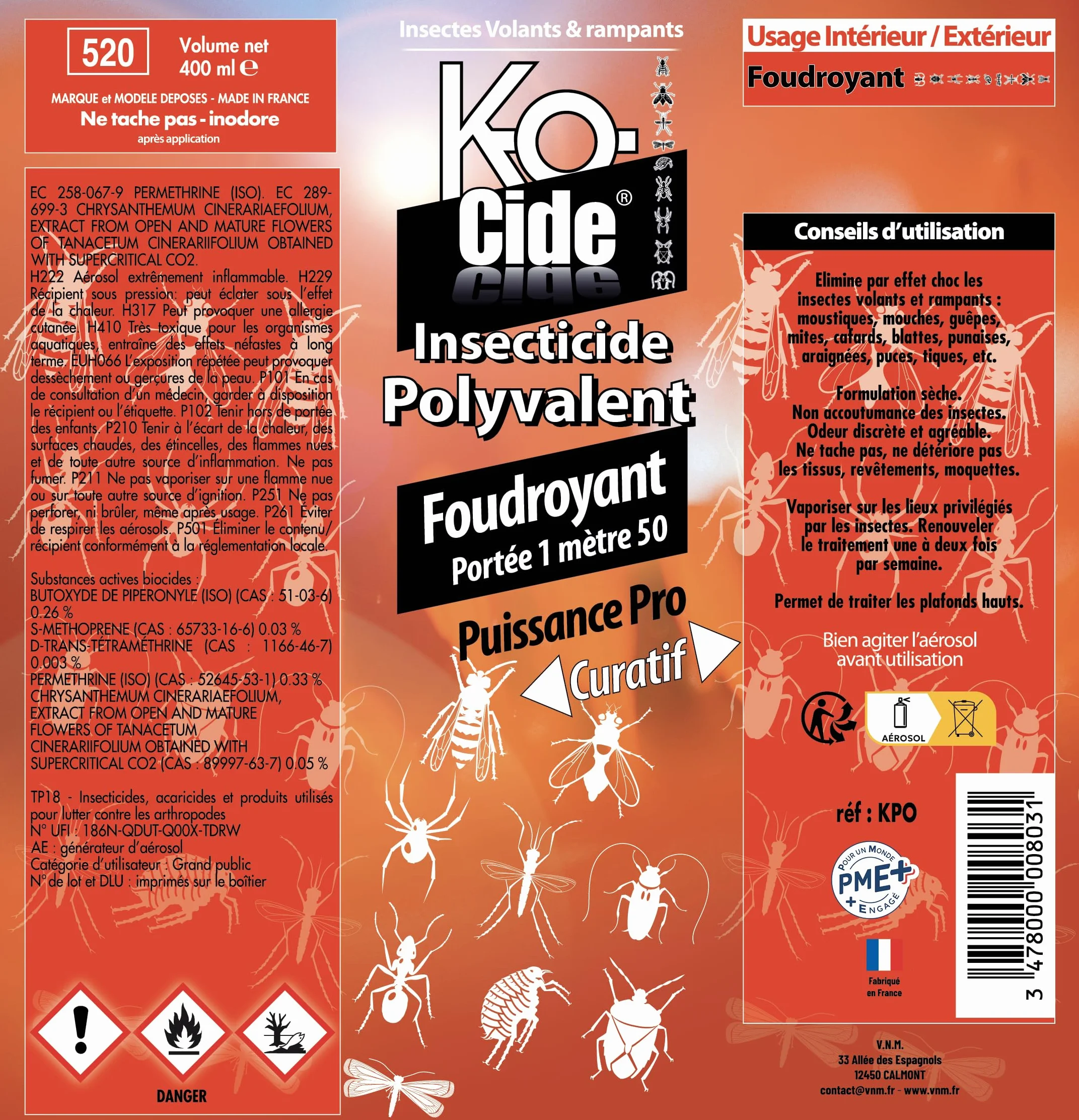 Foudroyant Polyvalent Insecticide Volants Rampants Valve Mini-Jet 400 ml