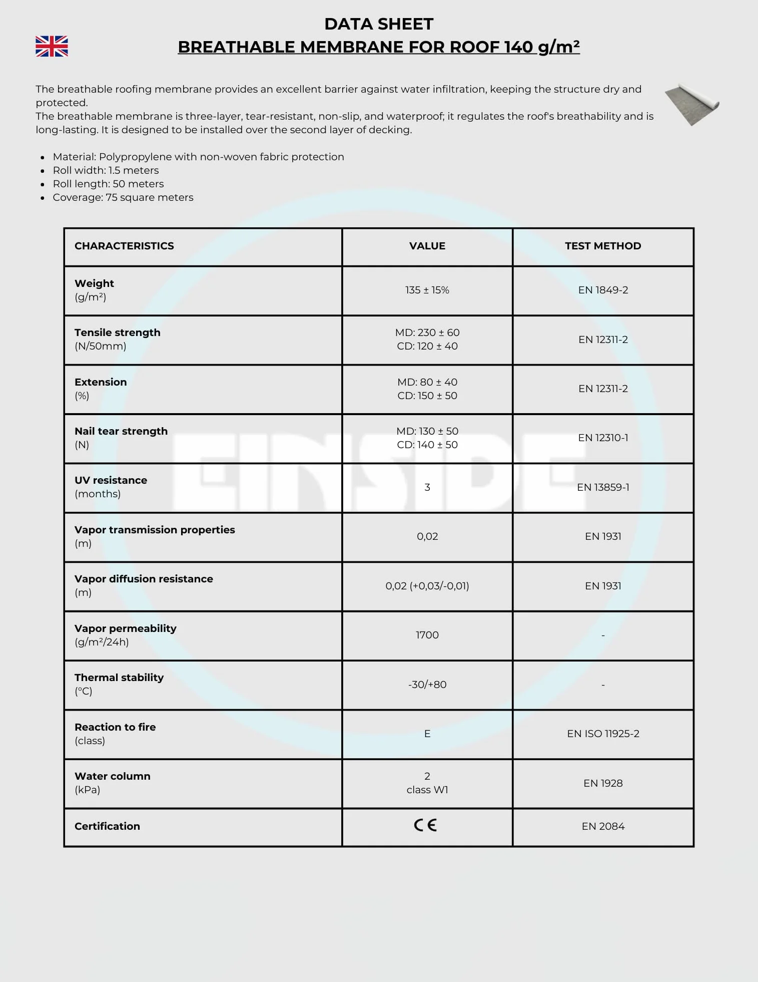 EINSIDE Toile Respirante pour Toit, Membrane imperméable 140 g/m²