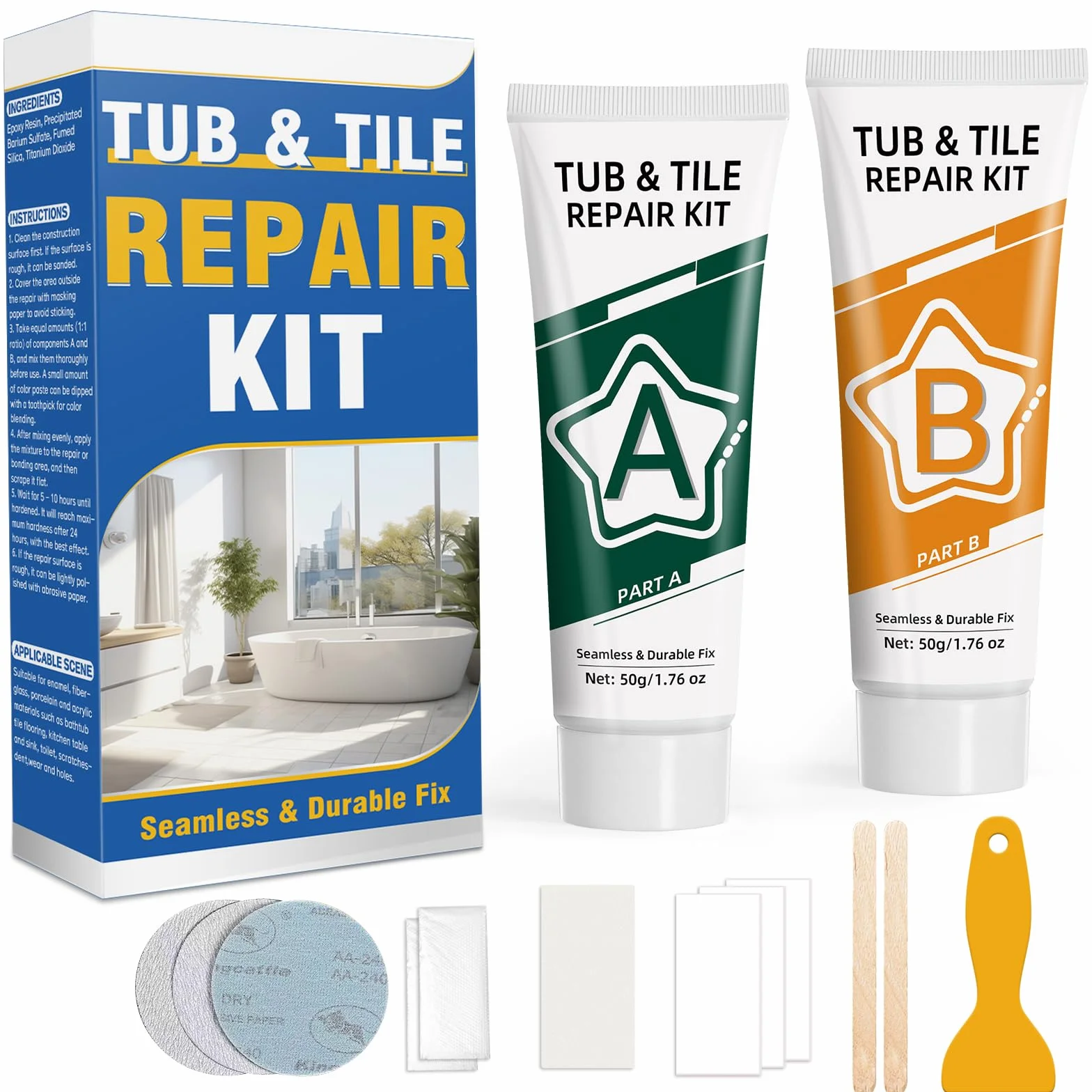Kit Reparation Carrelage, Réparation Carrelages en fibre de verre pour la réparations des éclats, fissures, rayures et trous sur le carrelag, la porcelaine, la céramique et l'émail de baignoire