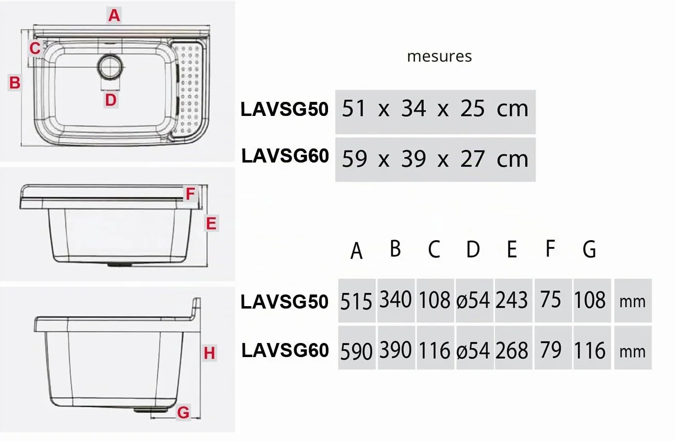 La Ventilazione LAVSG60 Évier Pilozzo en résine blanc 600 x 420 x 300 mm