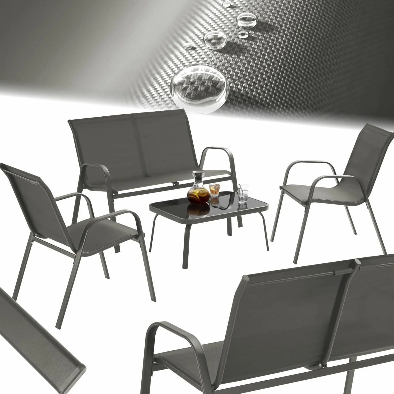 Tectake Salon de Jardin Extérieur 4 Personnes Canapé 2 Places 2 Fauteuil Table de Jardin