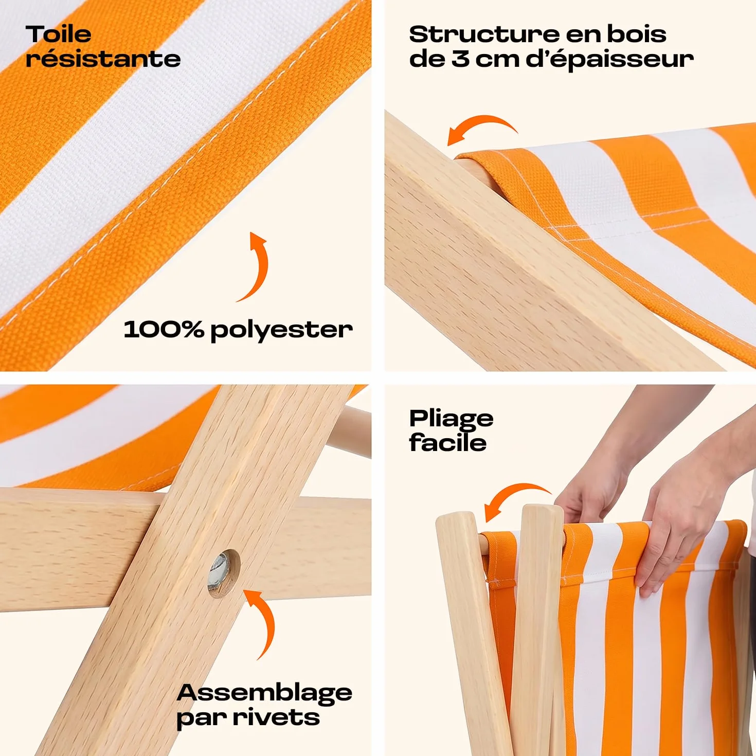 Chaise Longue Transat Jardin Pliable Bois Hêtre Réglable 3 Positions 120 kg Blanc & Orange