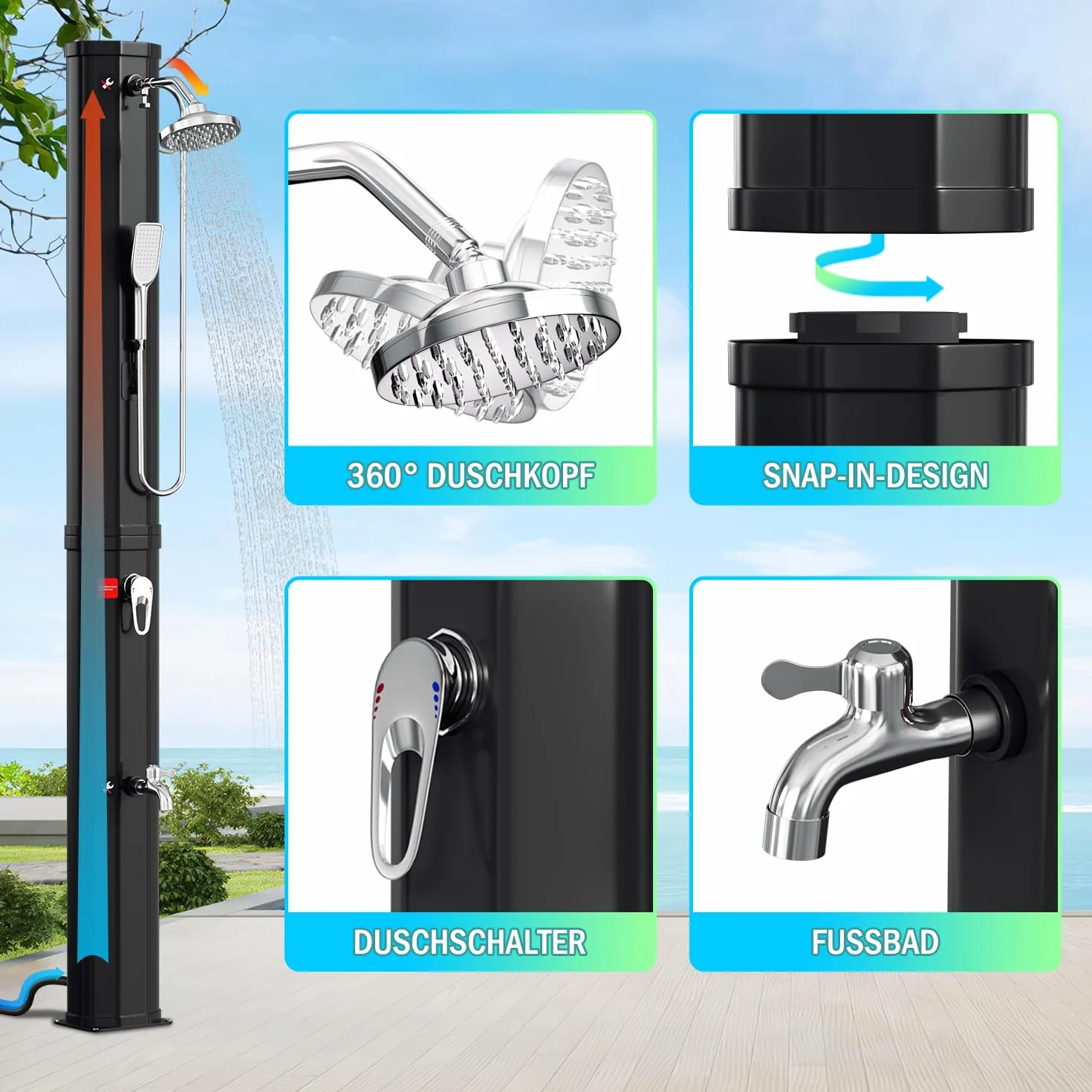 Douche Solaire de Jardin 60 l - Eau Chaude jusqu'à 60 °C - sans raccordement électrique