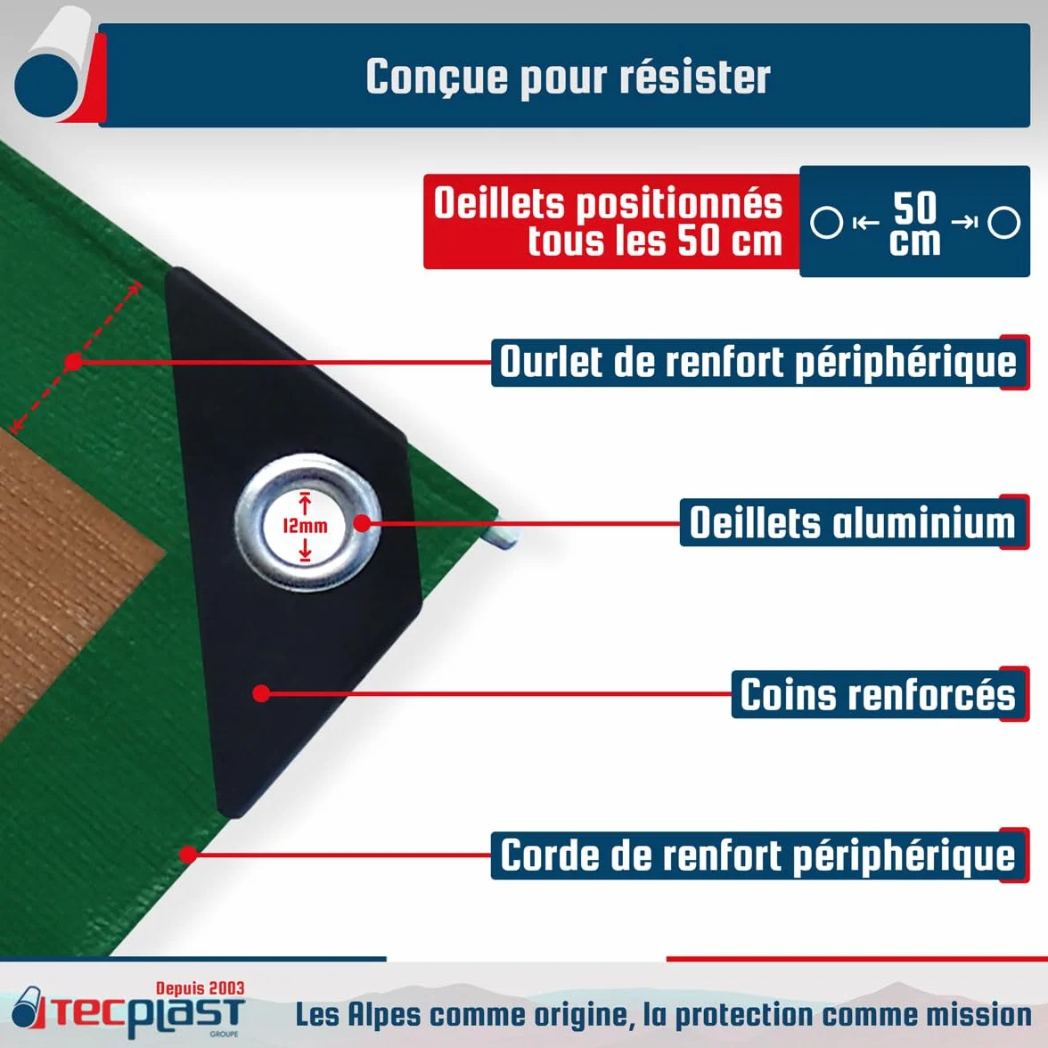 TECPLAST Bâche de Protection 3x5 m HQ250MU Verte et Marron - Haute Performance - Bâche étanche - Résistance Anti-UV