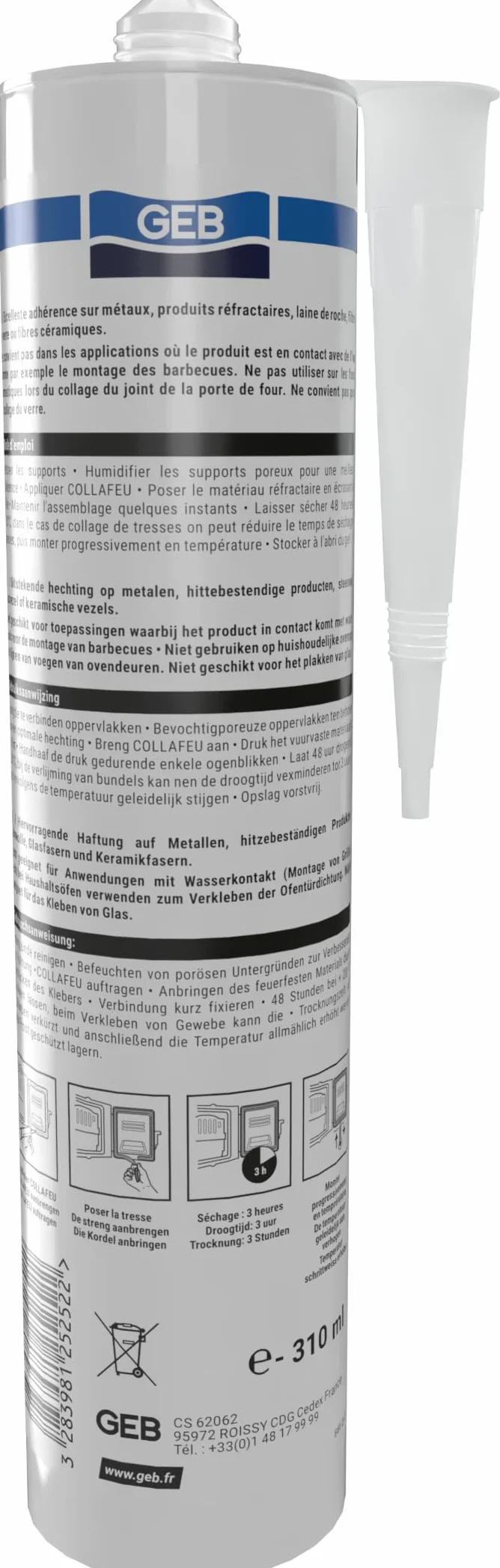 GEB Collafeu – Colle Réfractaire 1100°C pour Poêle à Bois, Insert, Cheminée, Four & Chaudière – Fixation Briques, Tresses, Gaines, Manchons & Joints – Cartouche 310ml