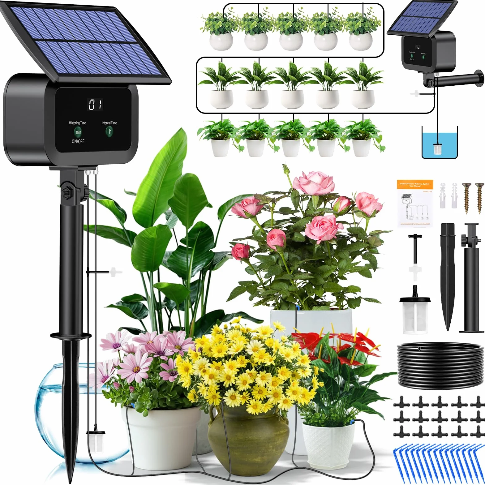 Kit Arrosage Automatique Solaire, Système d'Irrigation Goutte à Goutte avec Minuterie et Tuyau 15M