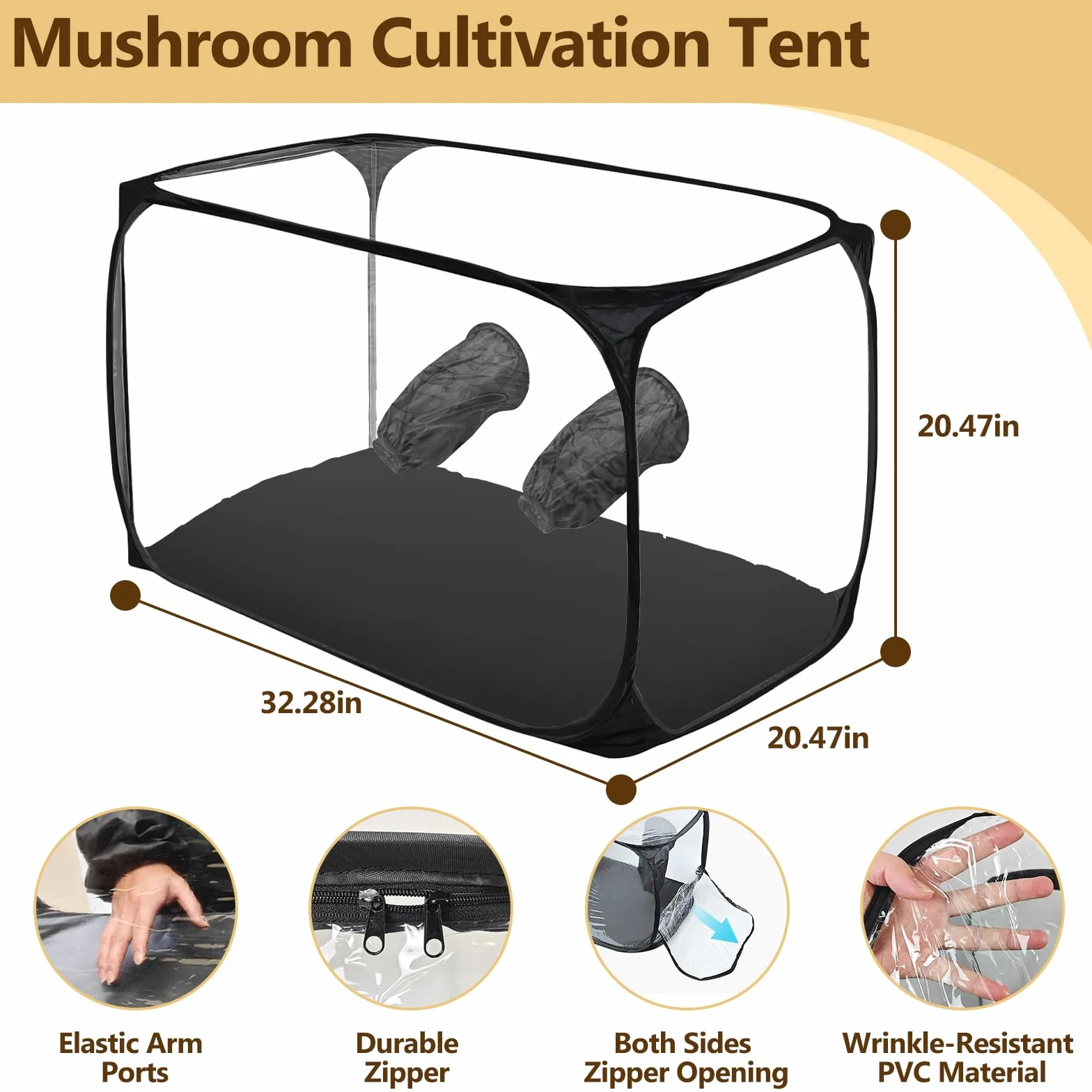 Grande tente de culture de champignons 82 x 52 x 52 cm - Boîte de culture avec boîte à air silencieuse, pliable, deux ouvertures pour les bras