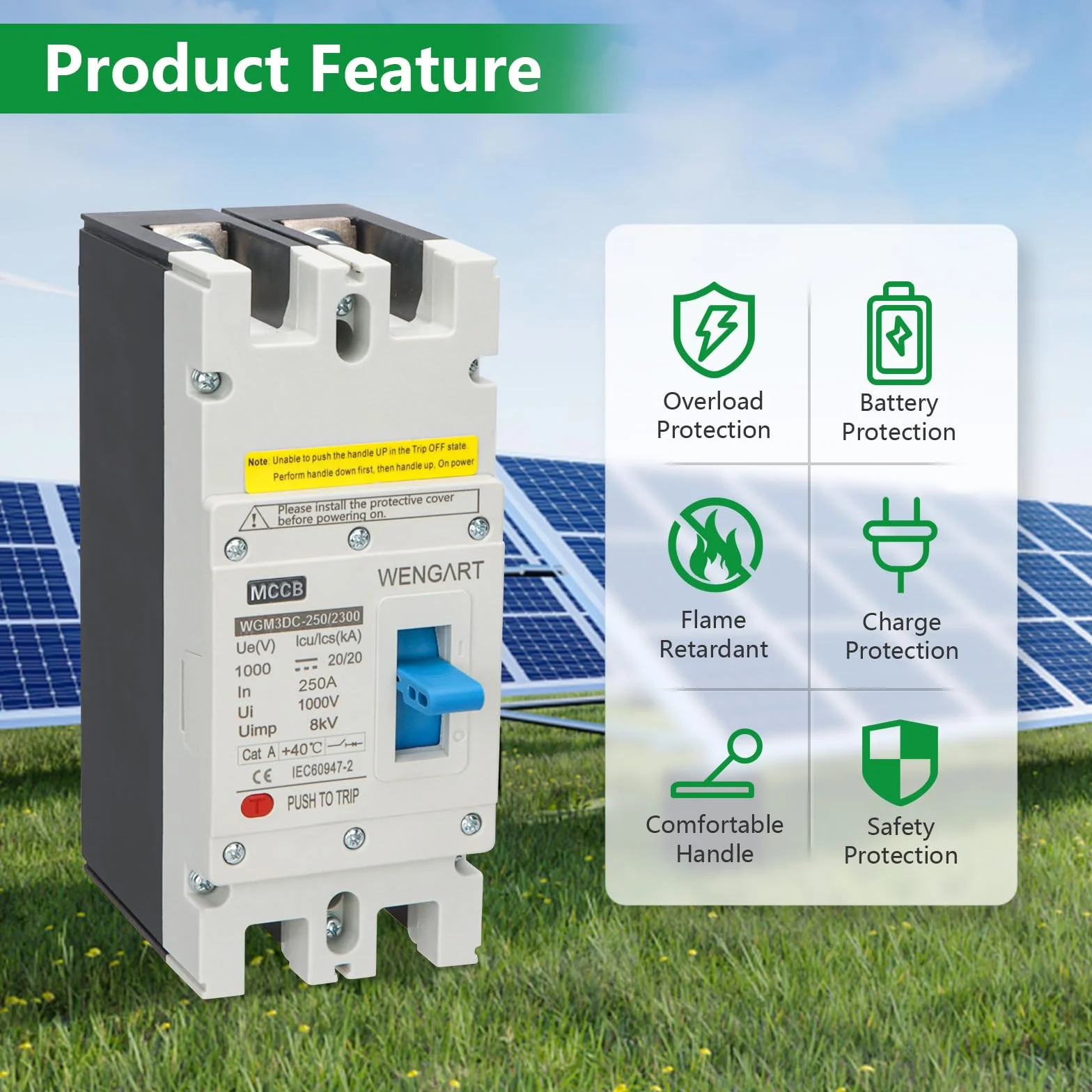 Wengart Disjoncteur Boîtier Moulé DC 250A - WGM3DC-250 - DC 1000V (2 Pôles) - Haute Performance pour Systèmes Photovoltaïques et Réseaux Ferroviaires - Pouvoir de Coupure Renforcé