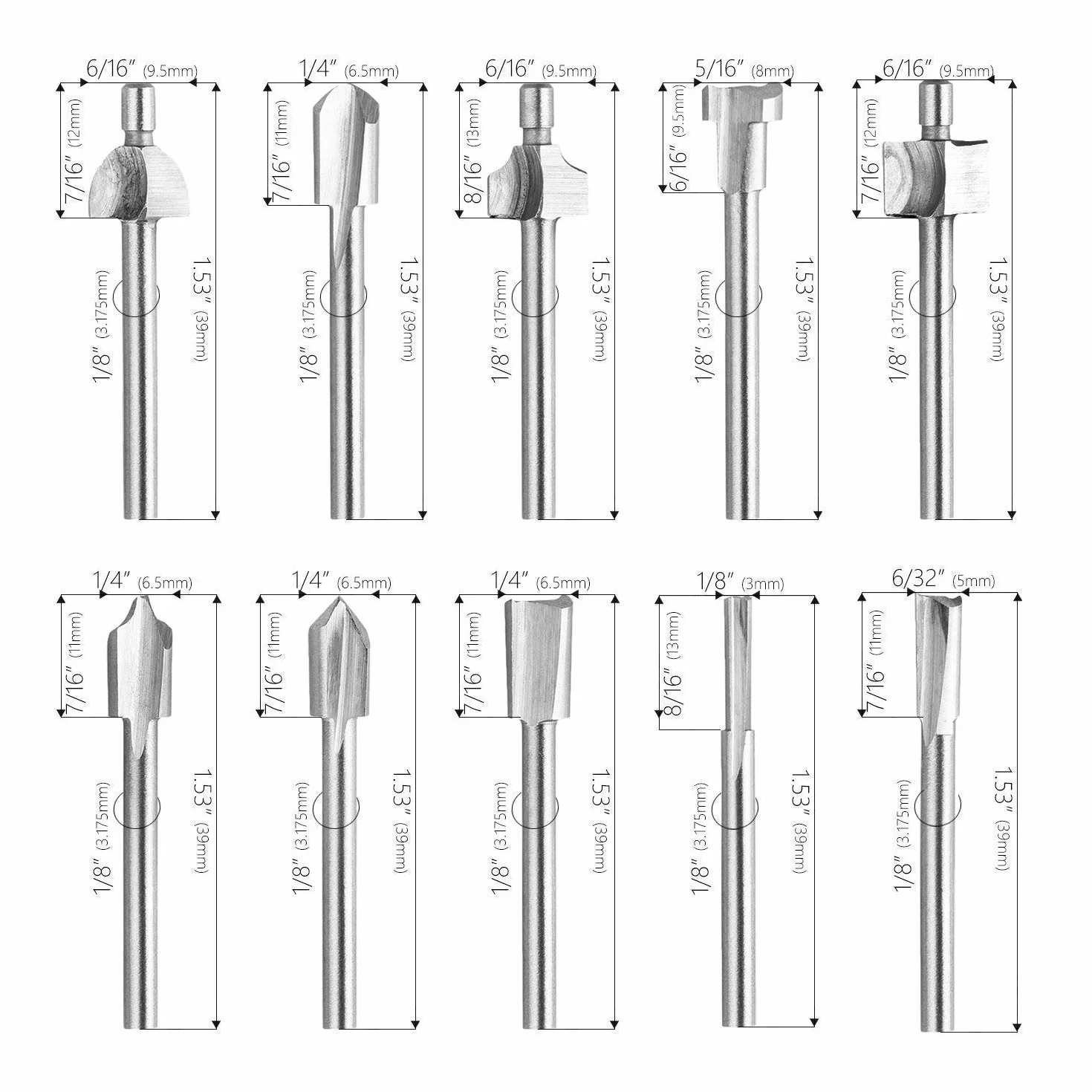 HSS Fraises à Défoncer, 20Pcs 3mm 1/8" fraises acier rapide fraises à Bois Kit d'Accessoires Fraises à Défoncer pour Outil Multifonction Rotatif Pour Dremel Foredom Proxxon Rotatif Outil -OQA0384