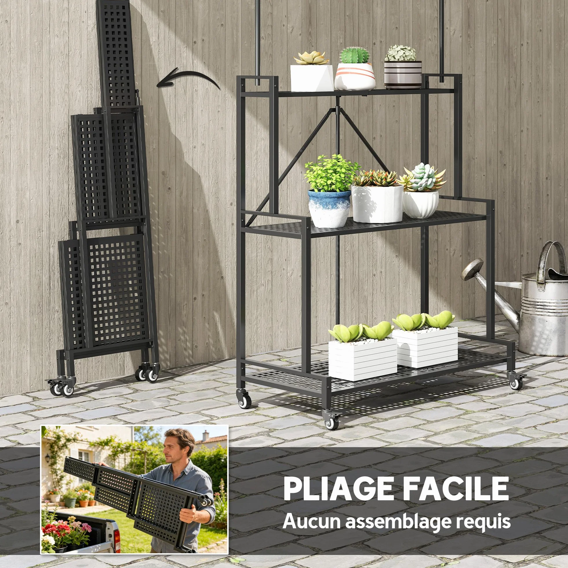 Outsunny Étagère à Fleurs Pliable Métal 3 Niveaux avec Roulettes et 4 Crochets Intérieur Extérieur Noir