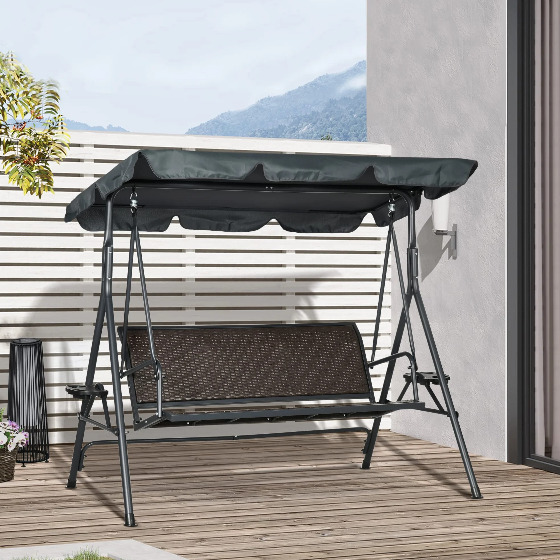 Outsunny Balancelle de Jardin 3 Places Toit Inclinaison réglable en résine tressée PE Acier Gris foncé Marron