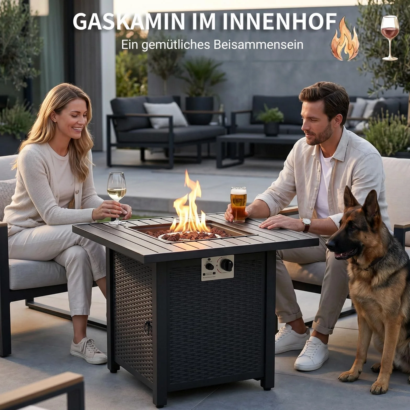 Foyer à Gaz Extérieur 28" Table de Cheminée avec Housse Protection Imperméable Pierres de Lave 72,5 x 72,5 x 67,5 cm