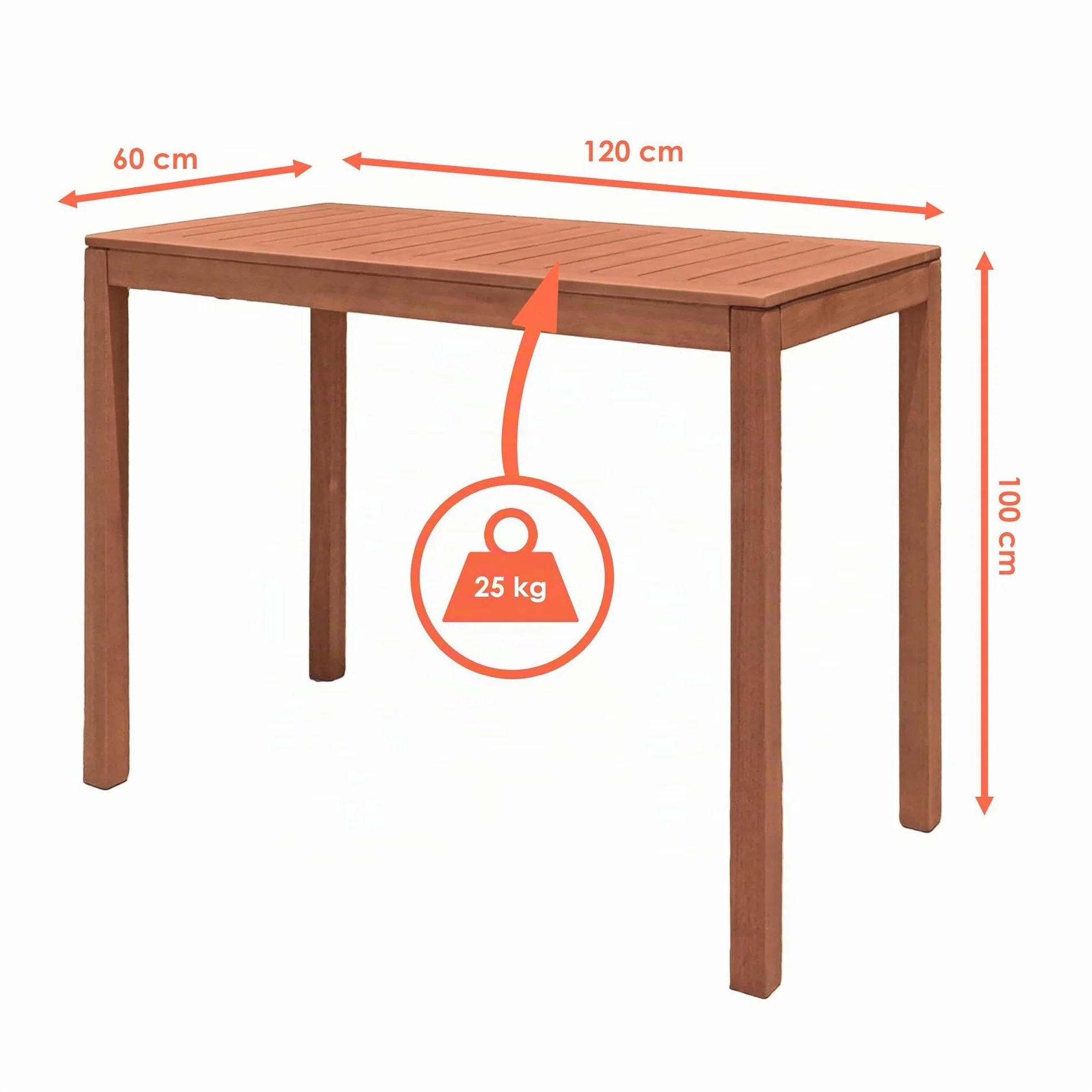 Table haute de jardin en eucalyptus huilé 120x60 cm Charge maximale 25 kg Bois massif FSC Marron