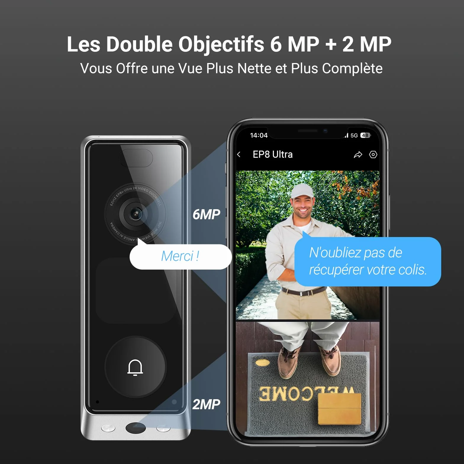 EZVIZ Sonnette sans Fil Extérieur Etanche avec Carillon, Sonnette sans fil avec Caméra Double 6MP et 2MP, Ecran interactif intégré, Détection de Personnes/Paquet, Vision Nocturne en Couleur, EP8 Ultra