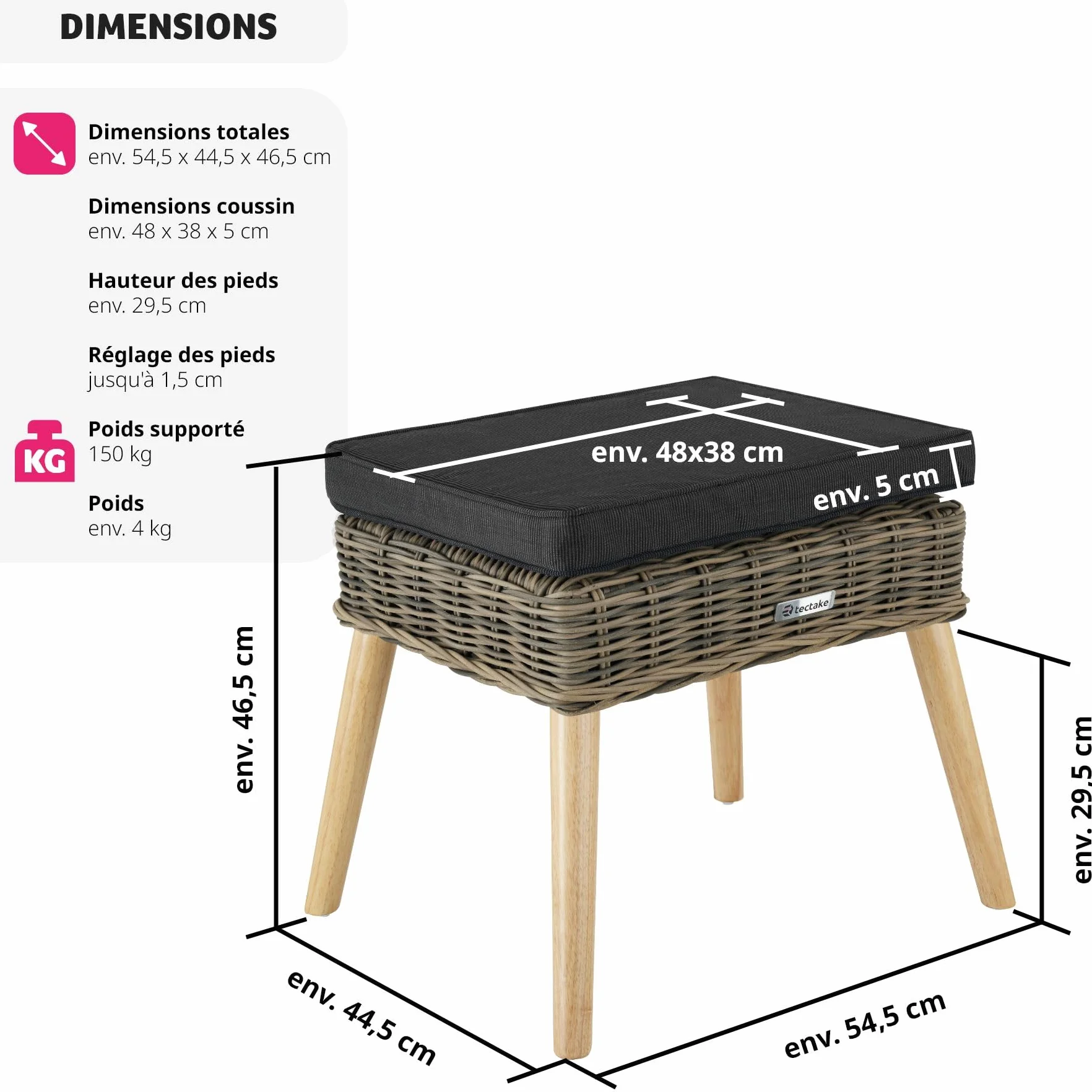 Tabouret Repose Pied Pouf Salon Extérieur Rotin Bois Coussin Imperméable Lavable Balcon Terrasse