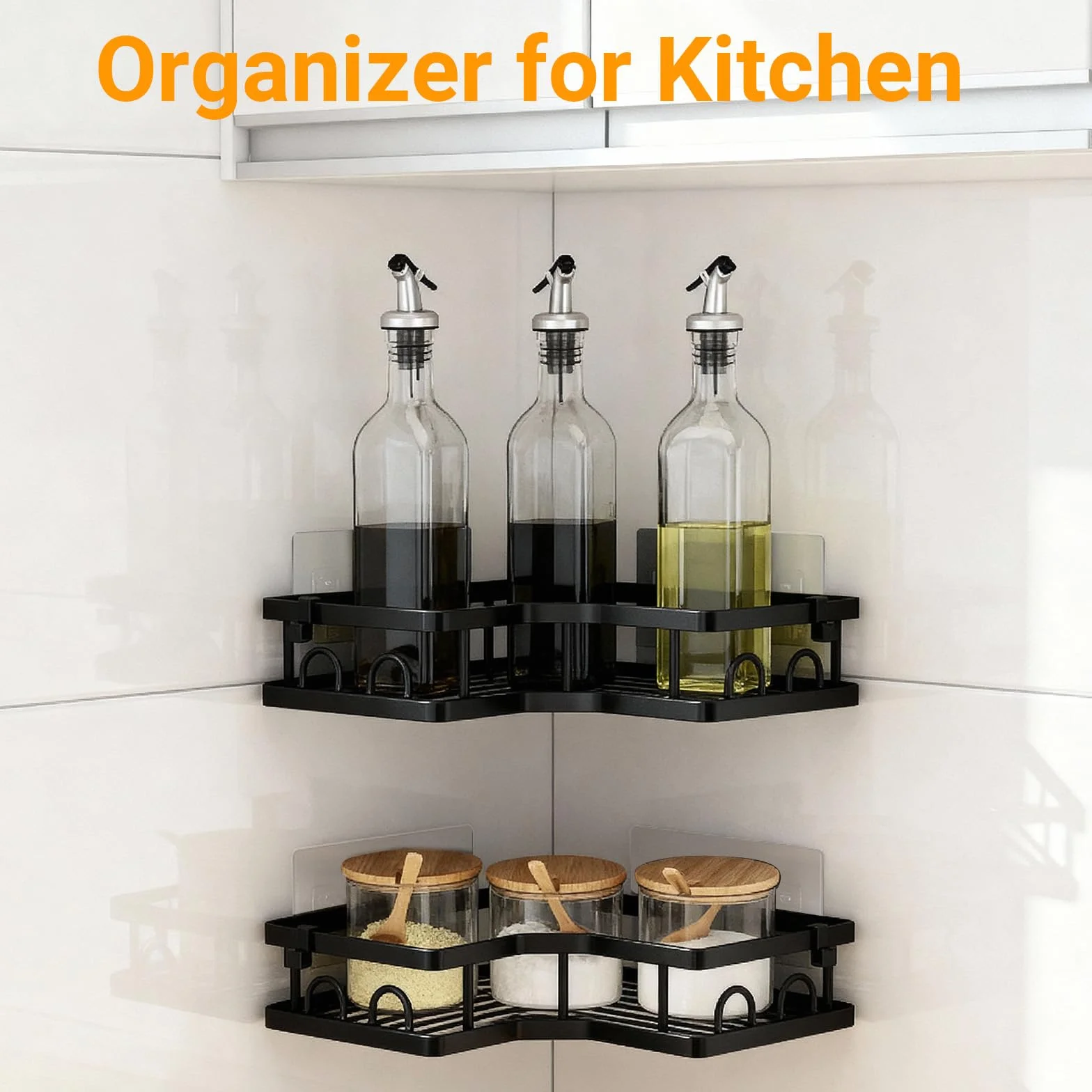 2 Pièces Etagere Douche sans Percage, Etagere Salle Angle de Bain Support Rangement Organisation avec Crochets Accessoire pour Gel et Shampooing pour la Salle Bain Cuisine (Noir)