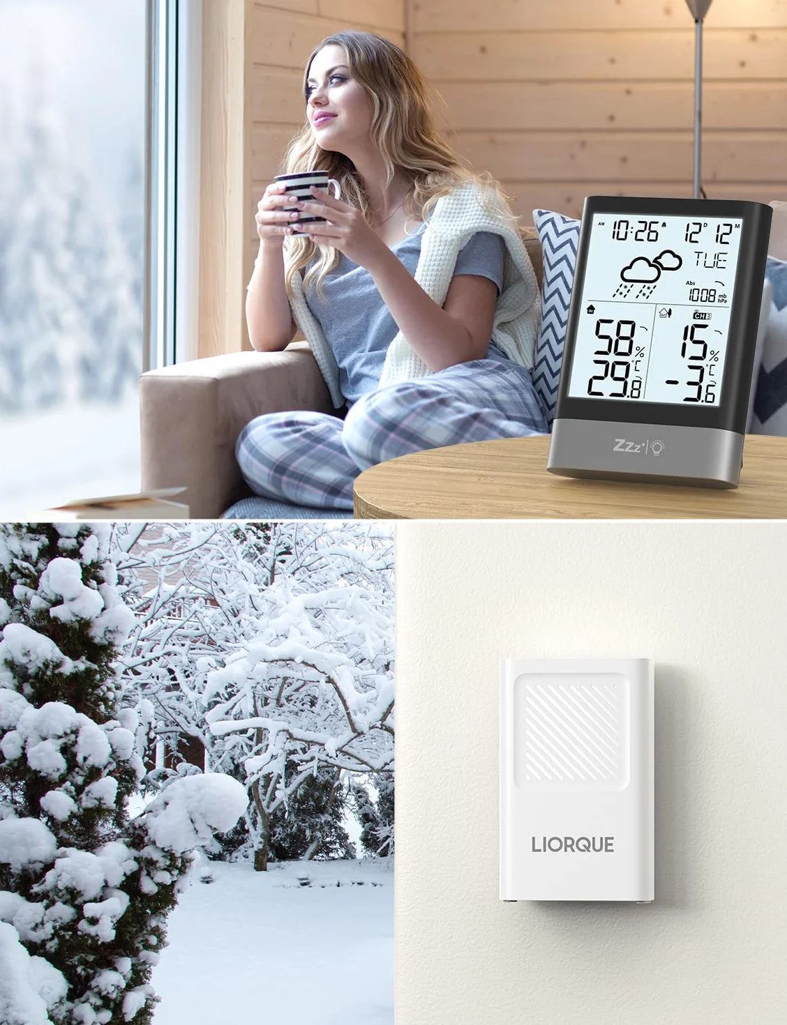 LIORQUE Station Météo Sans Fil avec Capteur Thermomètre Hygromètre Baromètre Extérieure LCD Horloge Alarme Snooze