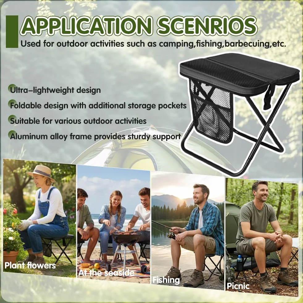 Tabouret de camping pliable 31 cm avec sac de rangement noir