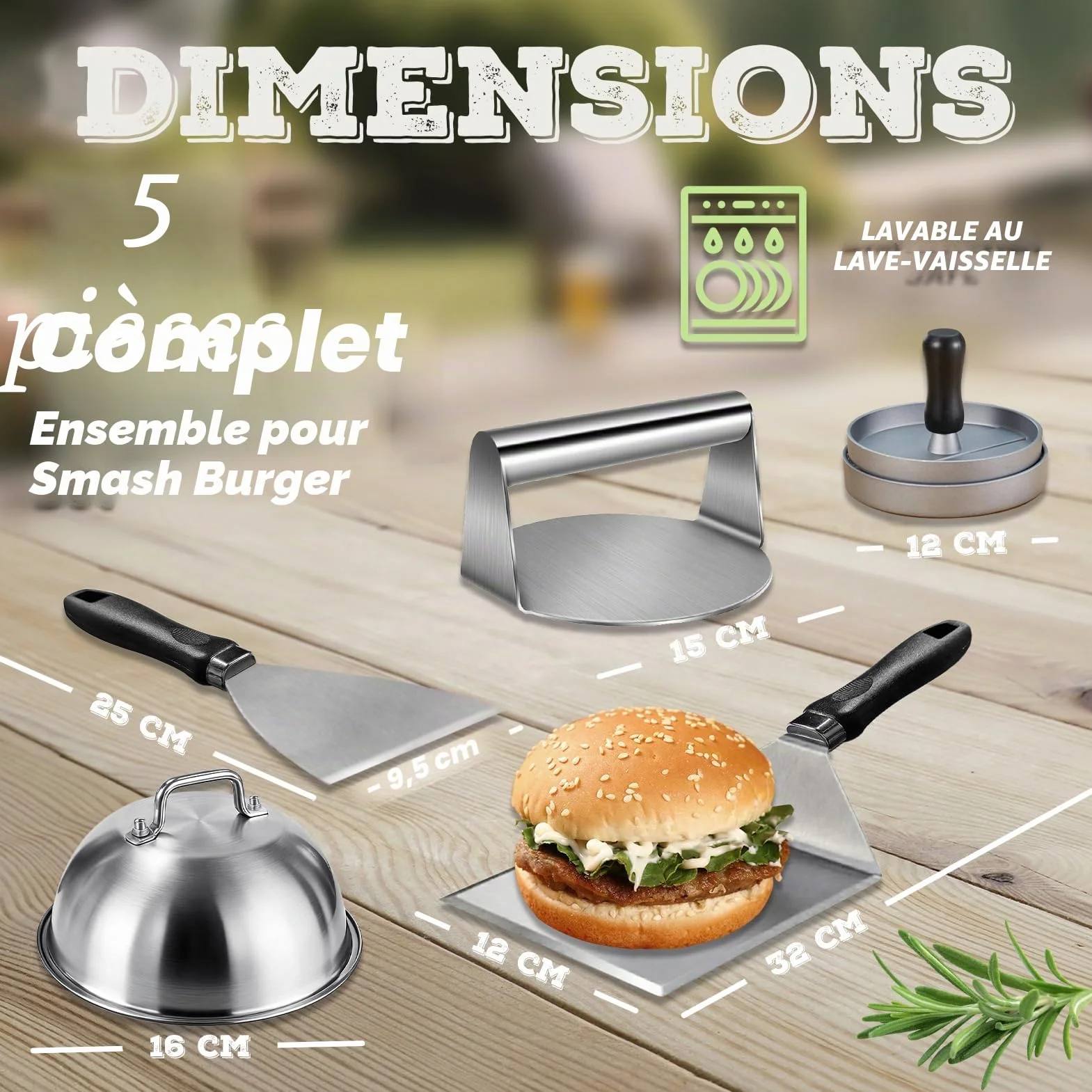 Smash Burger Set 5 Pièces, Kit Accessoires Plancha Acier Inoxydable pour Grill Teppanyaki, Presse Burger, Cloche Cuisson, Spatule Large Grattoir