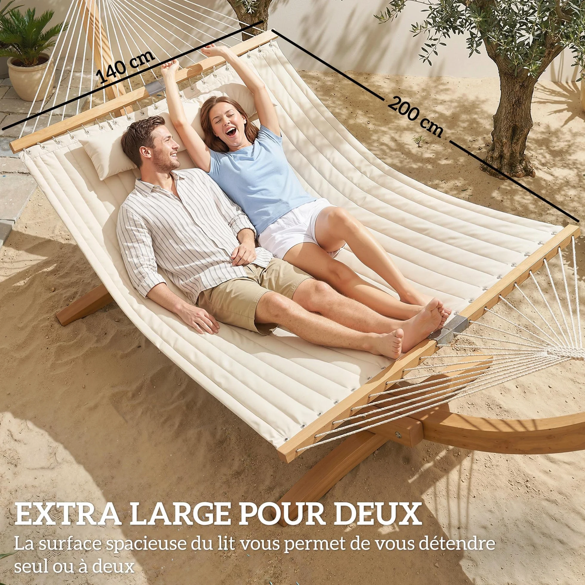 Outsunny Hamac Suspendu 325 cm avec Oreiller Extra-Long, Tissu Matelassé, Barres Anti-basculement Hêtre Courbées