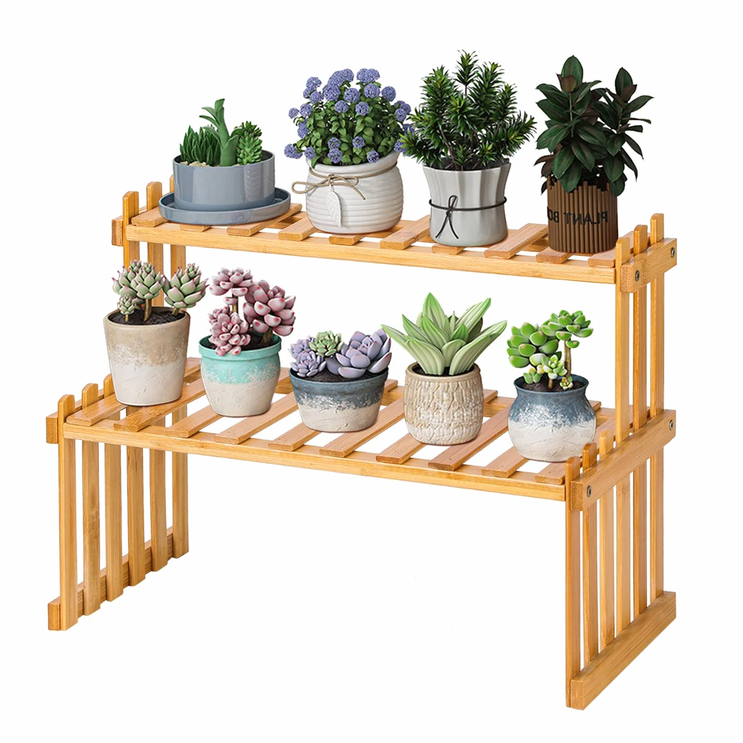Étagère en bambou 2 niveaux pour plantes grasses 40 cm support multi-plantes organisateur bureau