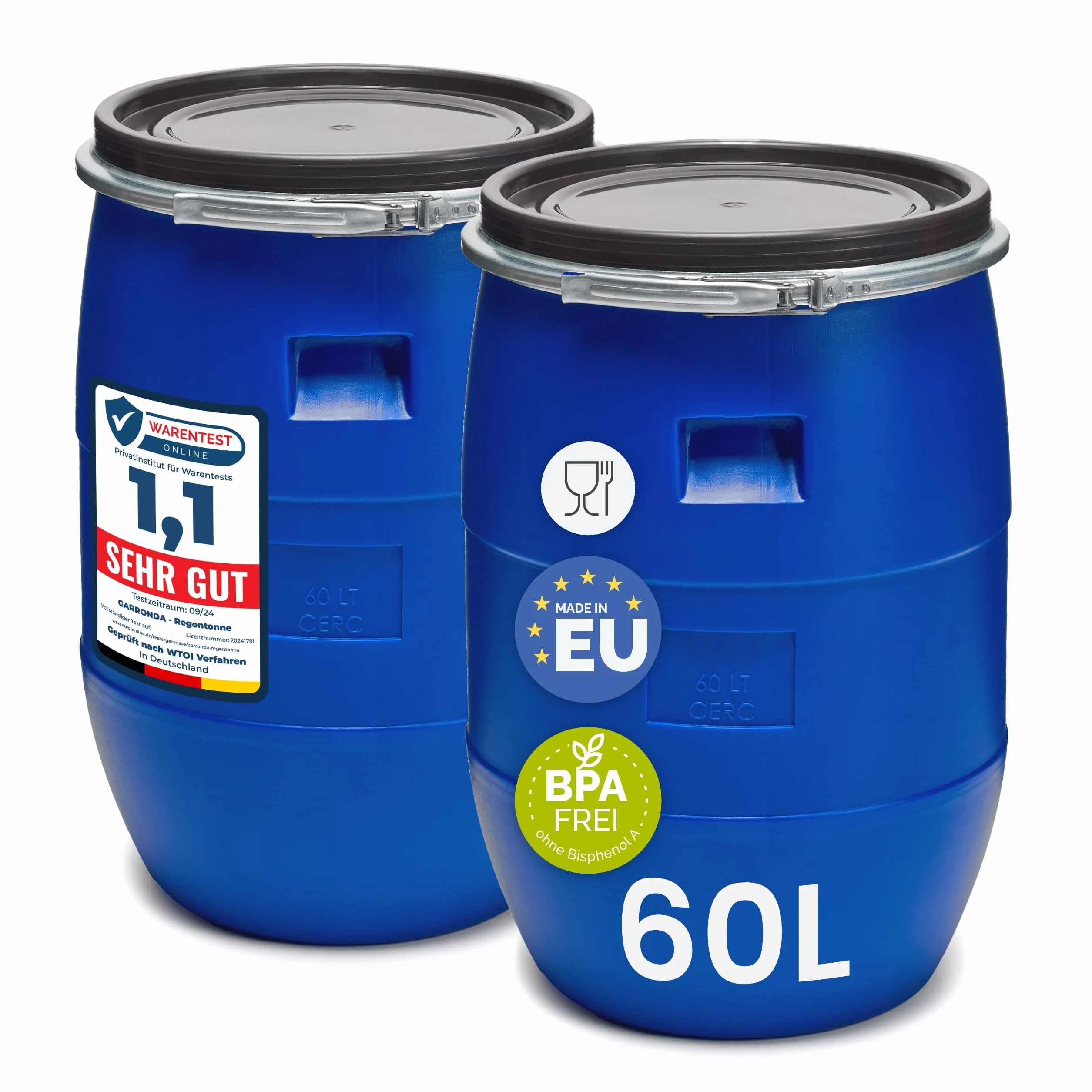 Lot de 2 fûts 60L HDPE Alimentaire sans BPA Barils Large Ouverture Bleu