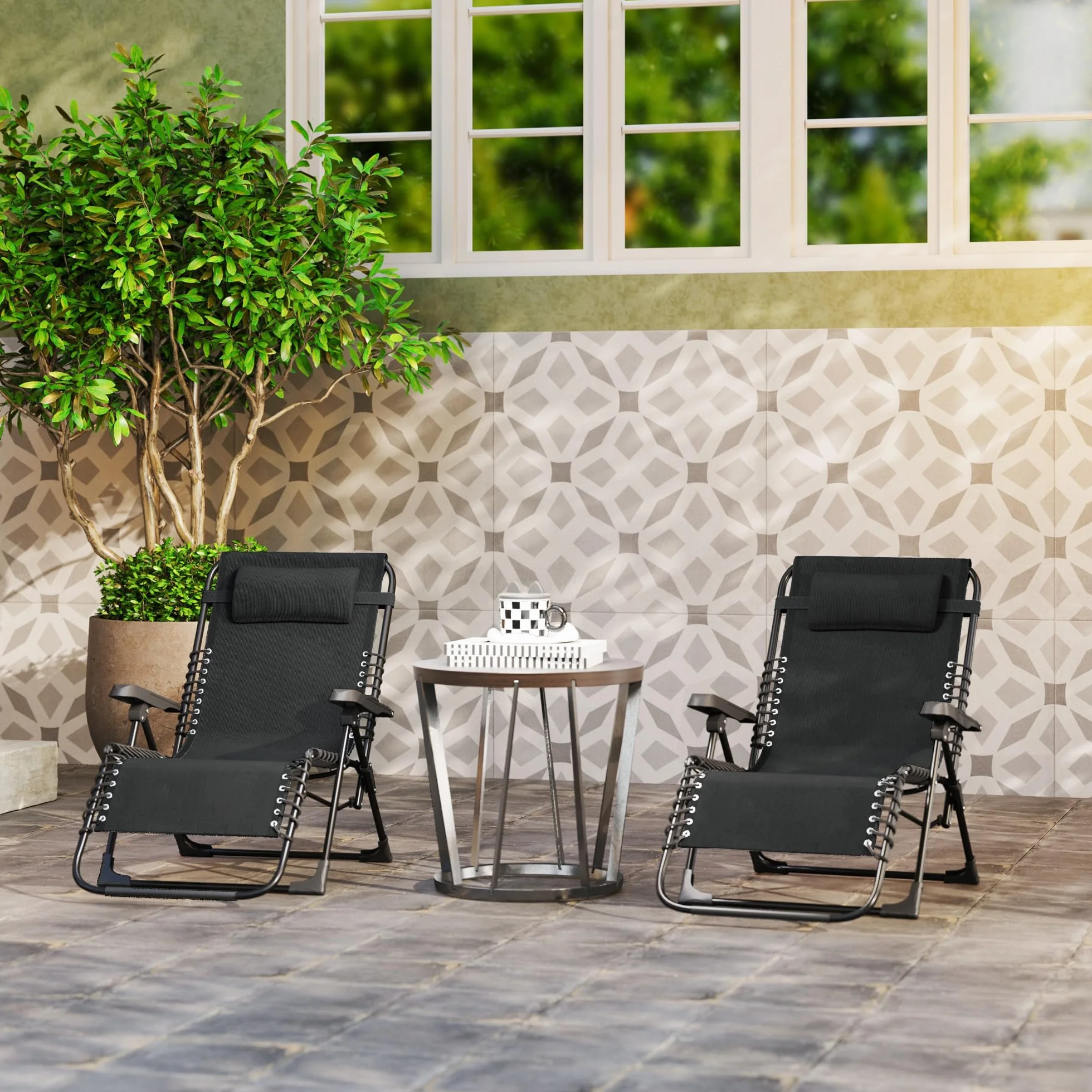 Outsunny Lot de 2 Bain de Soleil Pliante en Textilène, Chaise Longue Jardin 90 x 65 x 112 cm Noir