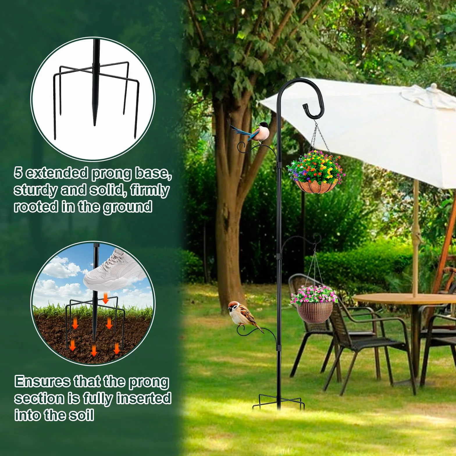 Support Mangeoire Oiseaux Métallique 193 cm 3 Crochets pour Extérieur Jardin