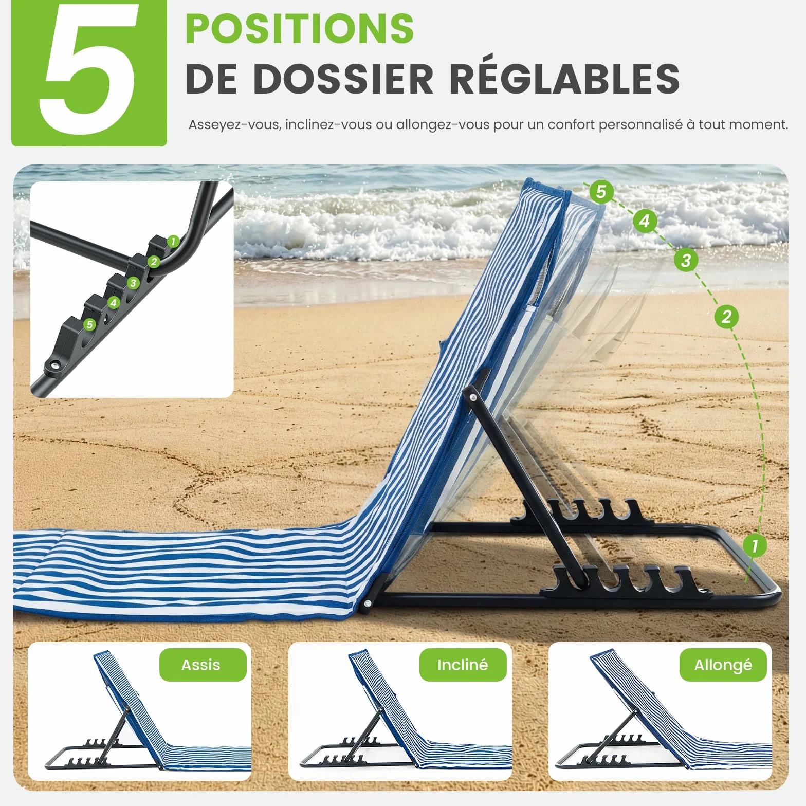 Palawano 2PCS Bain de Soleil Réglable 5 Positions, Matelas de Plage Pliante et Légère Bleu Blanc