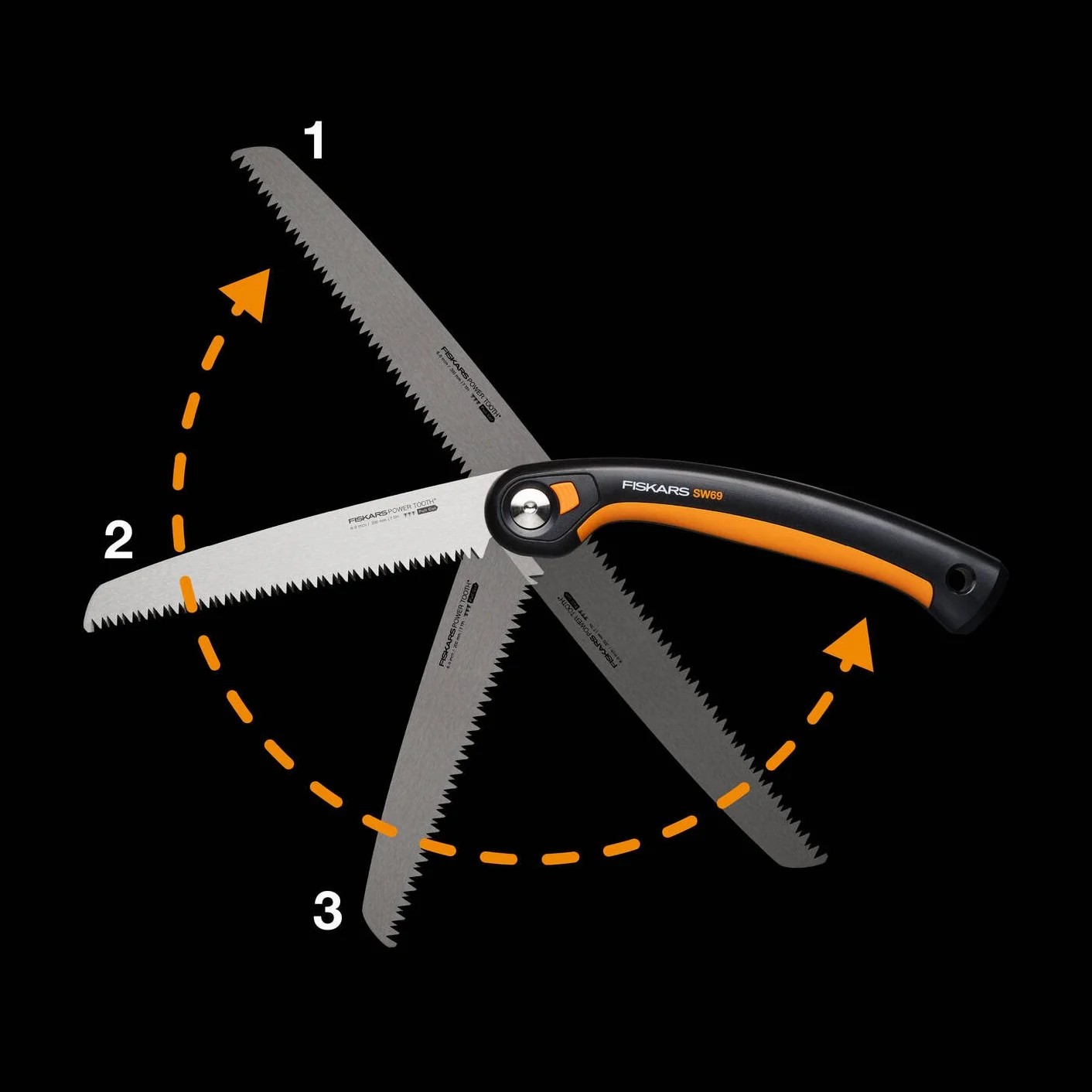 Fiskars Plus Scie Pliaple, pour Troncs et Branches épais, 3 positions de Coupe, Lame Power Tooth tranchante, Denture grossière, Longueur de la lame : 21 cm, Noir/Orange, SW69, 1067553