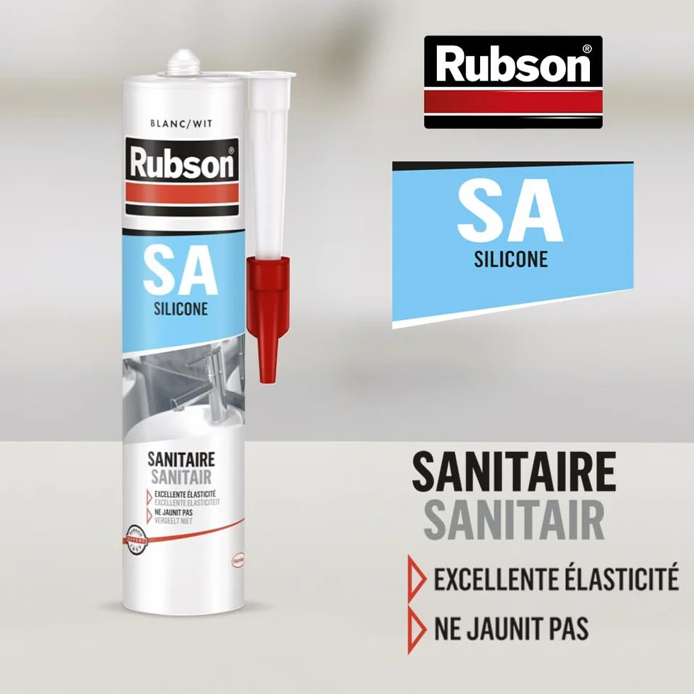 Rubson SA Mastic Sanitaire Blanc, Mastic silicone acétique contenant des antifongiques puissants, Joint sanitaire étanche pour tous matériaux émaillés, 300 ml