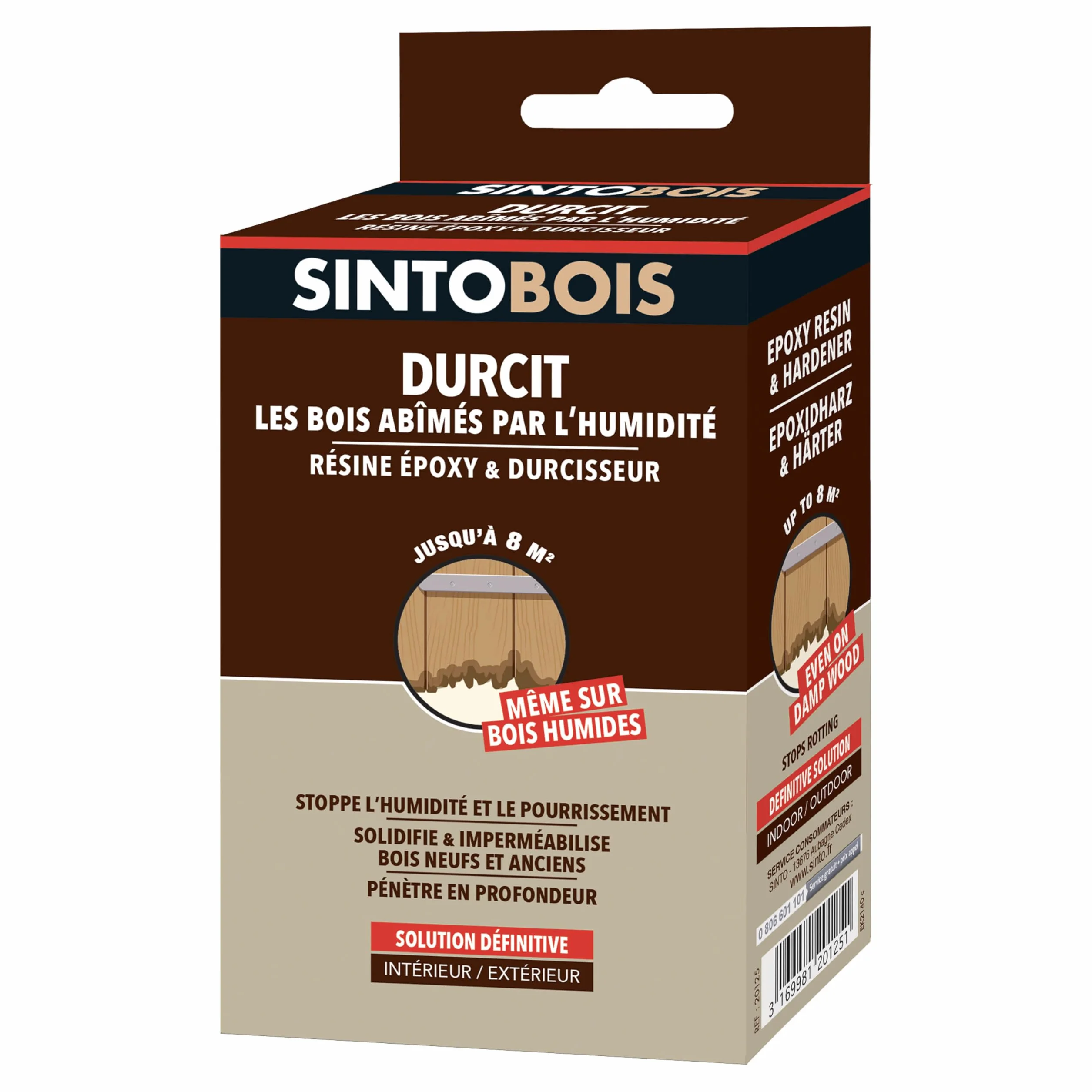 SINTO Durcisseur bois abimés par l'humidité 250g, stoppe l'humidité et le pourrissement, solidifie et imperméabilise bois neufs et anciens, pénètre en profondeur, intérieur