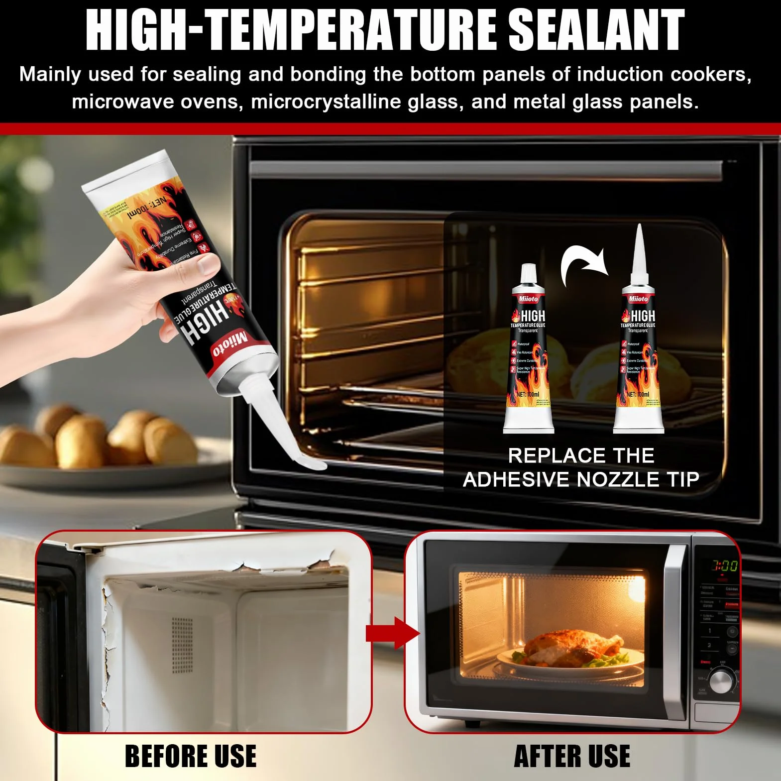 Miioto Colle Haute Temperature, Colle Refractaire, Colles Joint Poele a Bois, Silicone Haute Temperature aux Cheminées, Poêles, Boucliers Thermiques, Transparent, 100ml