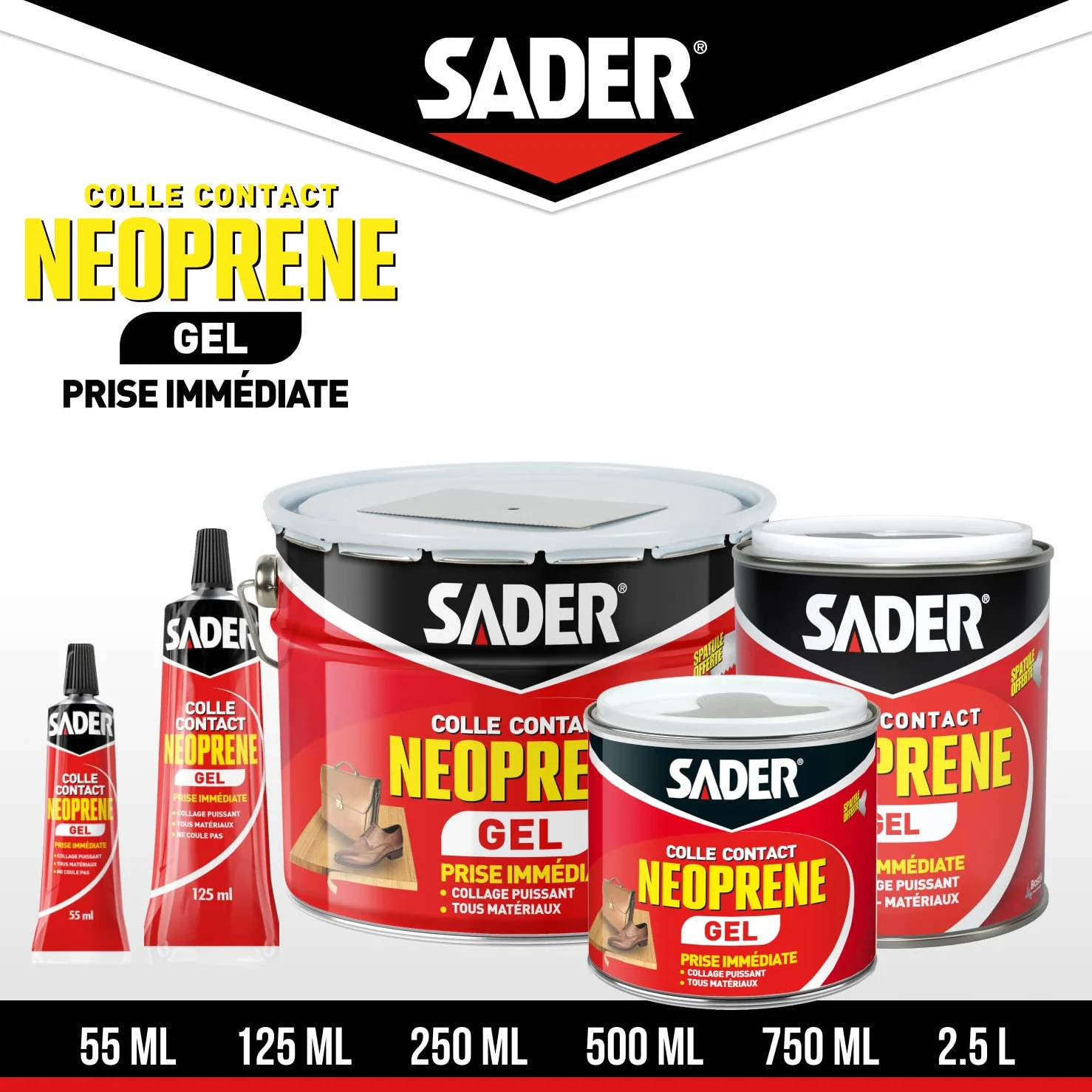 Sader Colle Contact Néoprène Gel – Colle Extra Forte Tous Matériaux – Prise Immédiate – Idéale pour Supports Poreux ou Verticaux – Spatule Incluse – Boîte de 250 ml