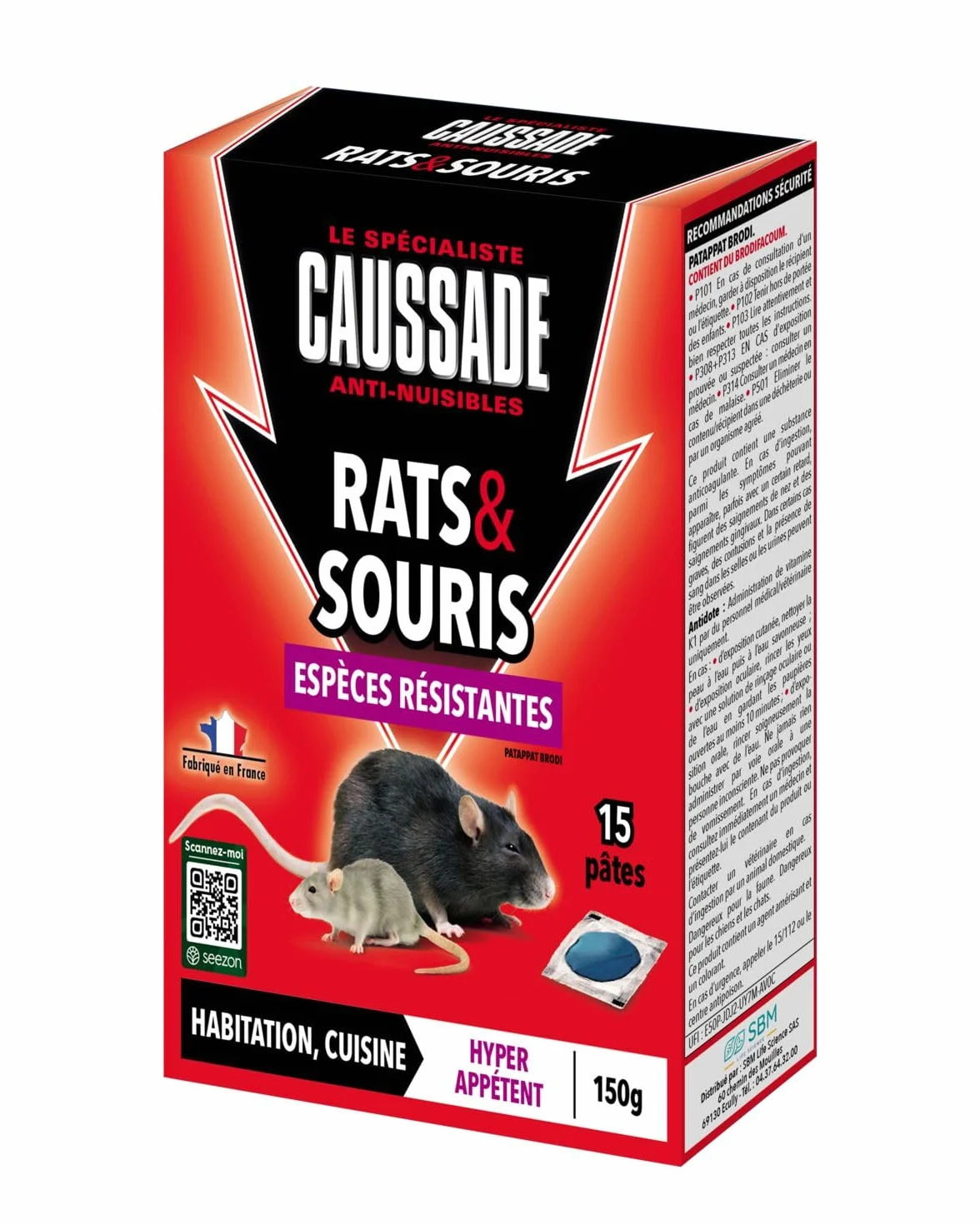 Caussade Anti Rats & Souris 15 Sachets pâtes 150g Espèces résistantes Lieux secs & humides