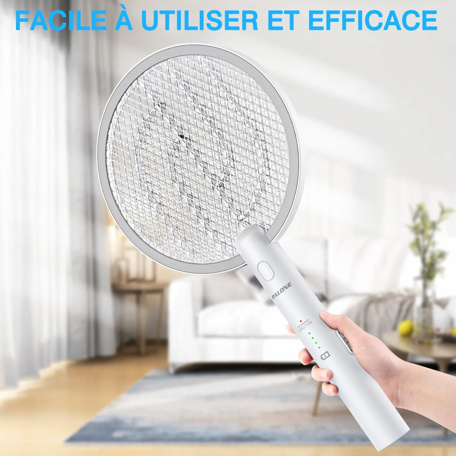 PALONE Raquette Electrique Insectes 4000V Rechargeable USB Anti Moustique Intérieur Extérieur Blanc