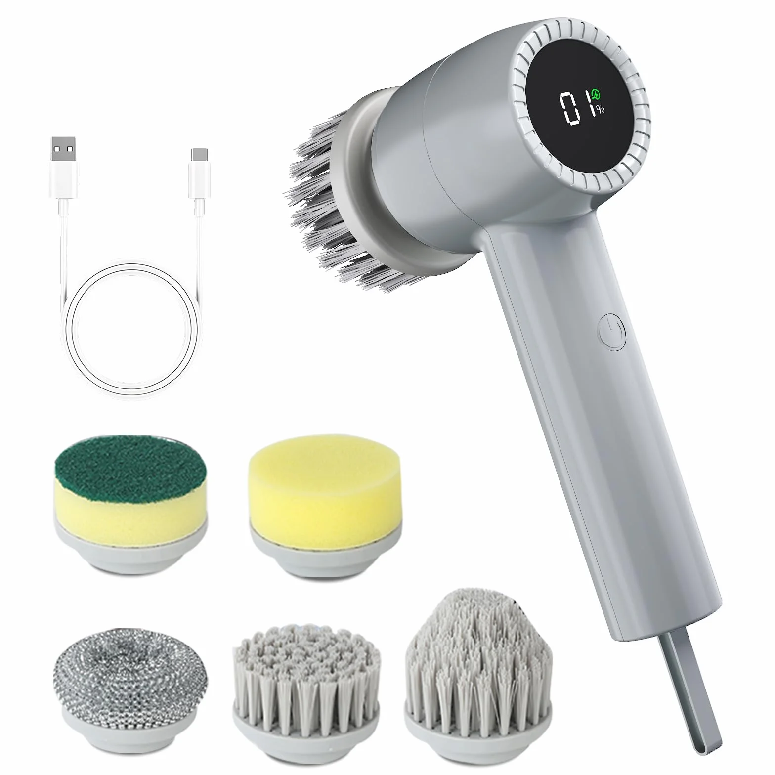 JTF Brosse Nettoyage Electrique 5 en 1,Brosse Rotative Nettoyage avec Écran LED,5 Brosses,2 Vitesses Réglables,pour Salle de Bain,Cuisine,Vaisselle,Carrelage,Fenêtre (Gris)