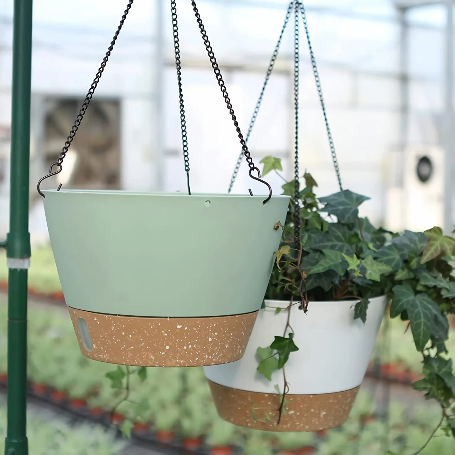 ZMTECH Pot de Fleurs Suspendu 20 cm avec Plateau à Niveau d'Eau Visible, Drainage, Soucoupe, Vert, Lot de 2