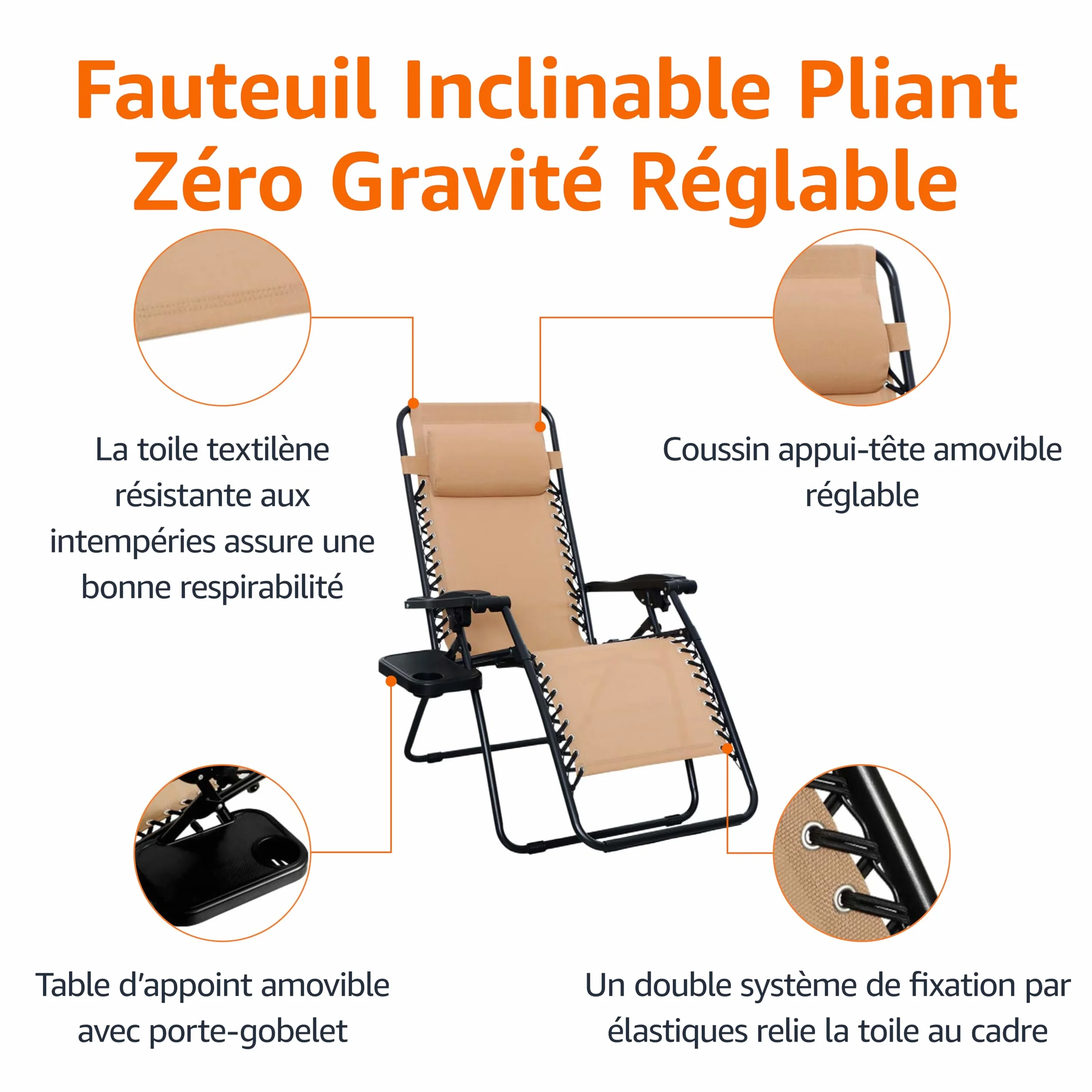 Amazon Basics Lot de 2 fauteuils relax pliants Beige