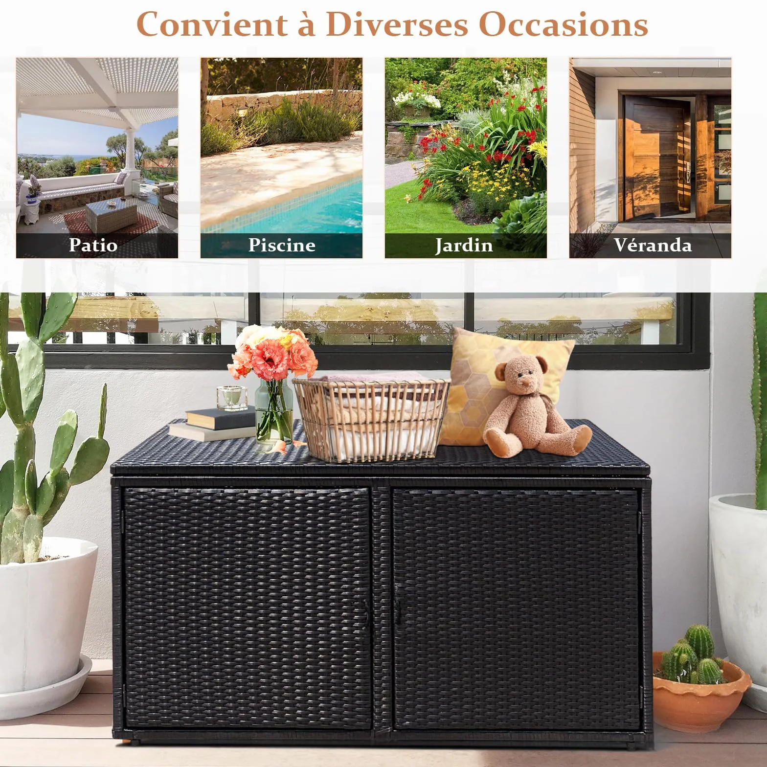 GOPLUS Coffre de Jardin Rangement Exterieur Rotin PE 115x60x65cm 335L Noir
