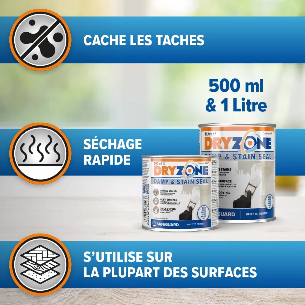 Dryzone Peinture Anti-Humidité et Anti-Taches – 1 L – Blanc Mat Intérieur – Recouvre taches d'humidité, d'huile... – Sous-Couche pour Plâtre, Ciment, Pierre & Mortier