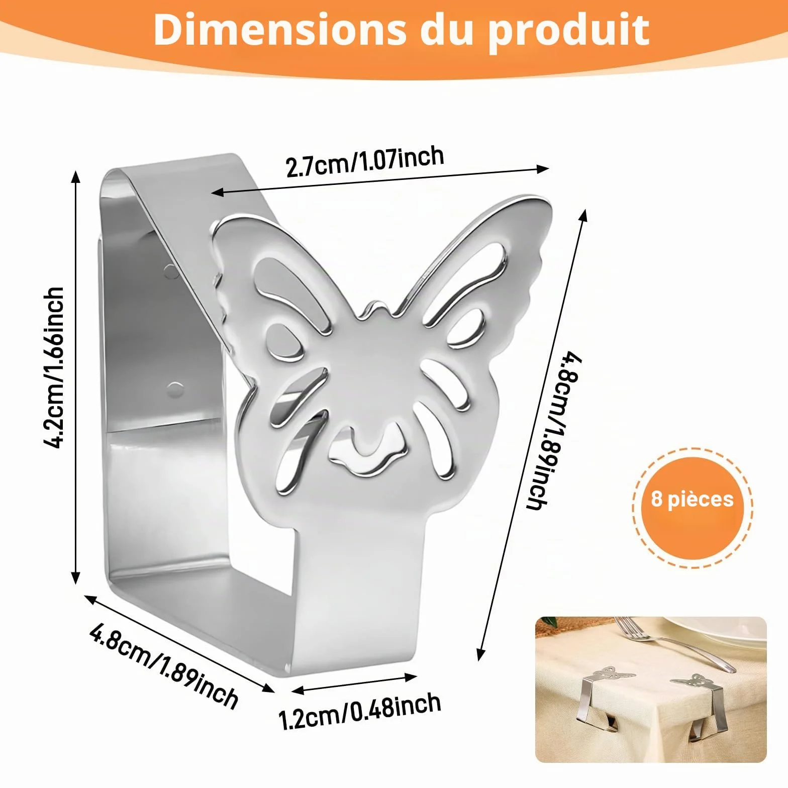 Lot de 8 Pinces à Nappe extérieur en Acier Inoxydable antirouille, Motifs Papillons, Coupe-Vent pour nappes jusqu'à 3,5 cm