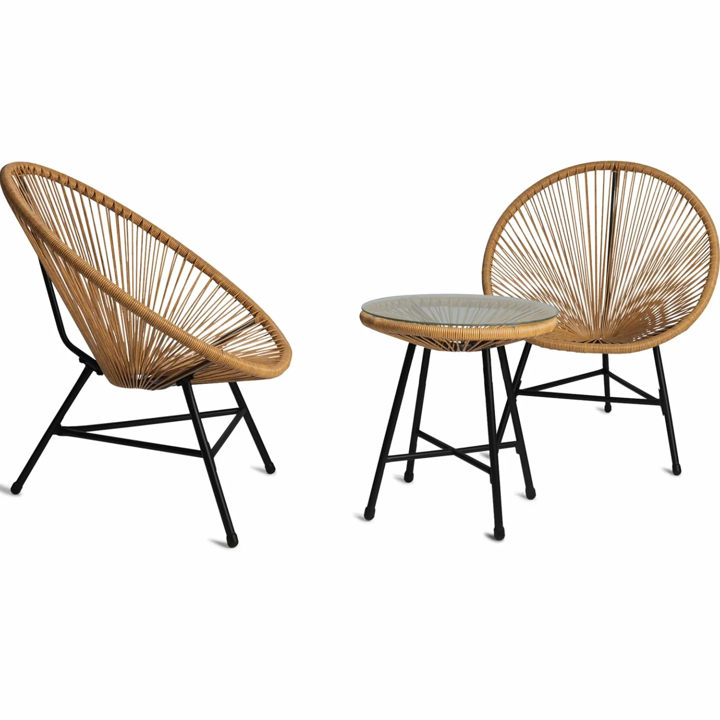Salon de Jardin Izmir Table et 2 Fauteuils Oeuf Cordage Effet Rotin
