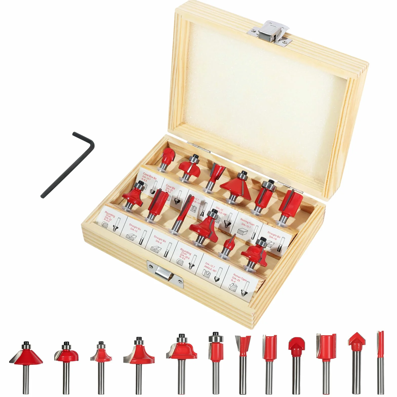 Lot de 12 Fraises Carbure pour Défonceuse - Queue de 6 mm, Coffret Bois pour Embouts de Fraisage Professionnel, Accessoires pour Travail du Bois, MDF & Plastique