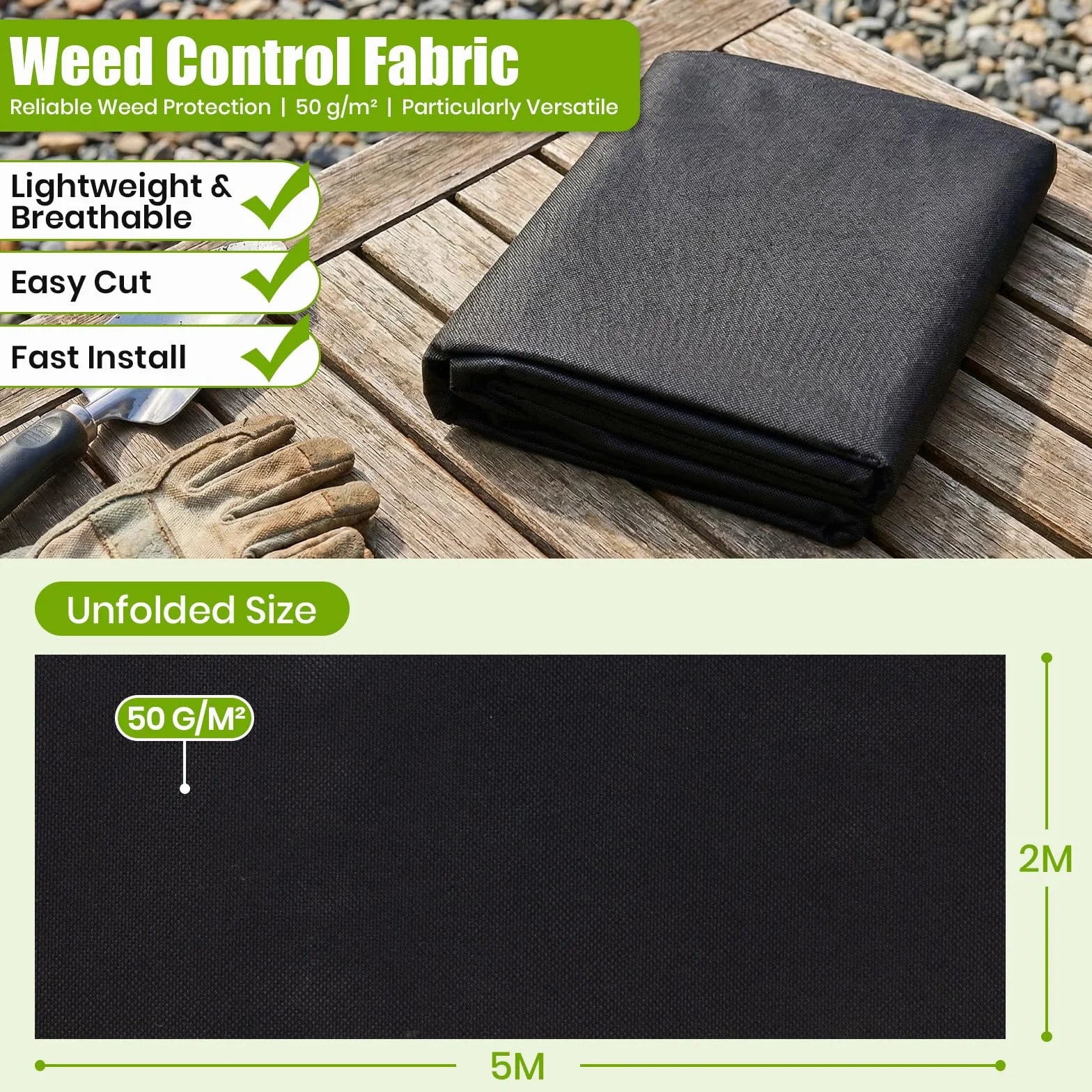 Velway Toile de Paillage 50g/m² 2x5m Tissu Non Tissé Géotextile Anti Mauvaises Herbes Perméable à l'Eau Résistant aux UV