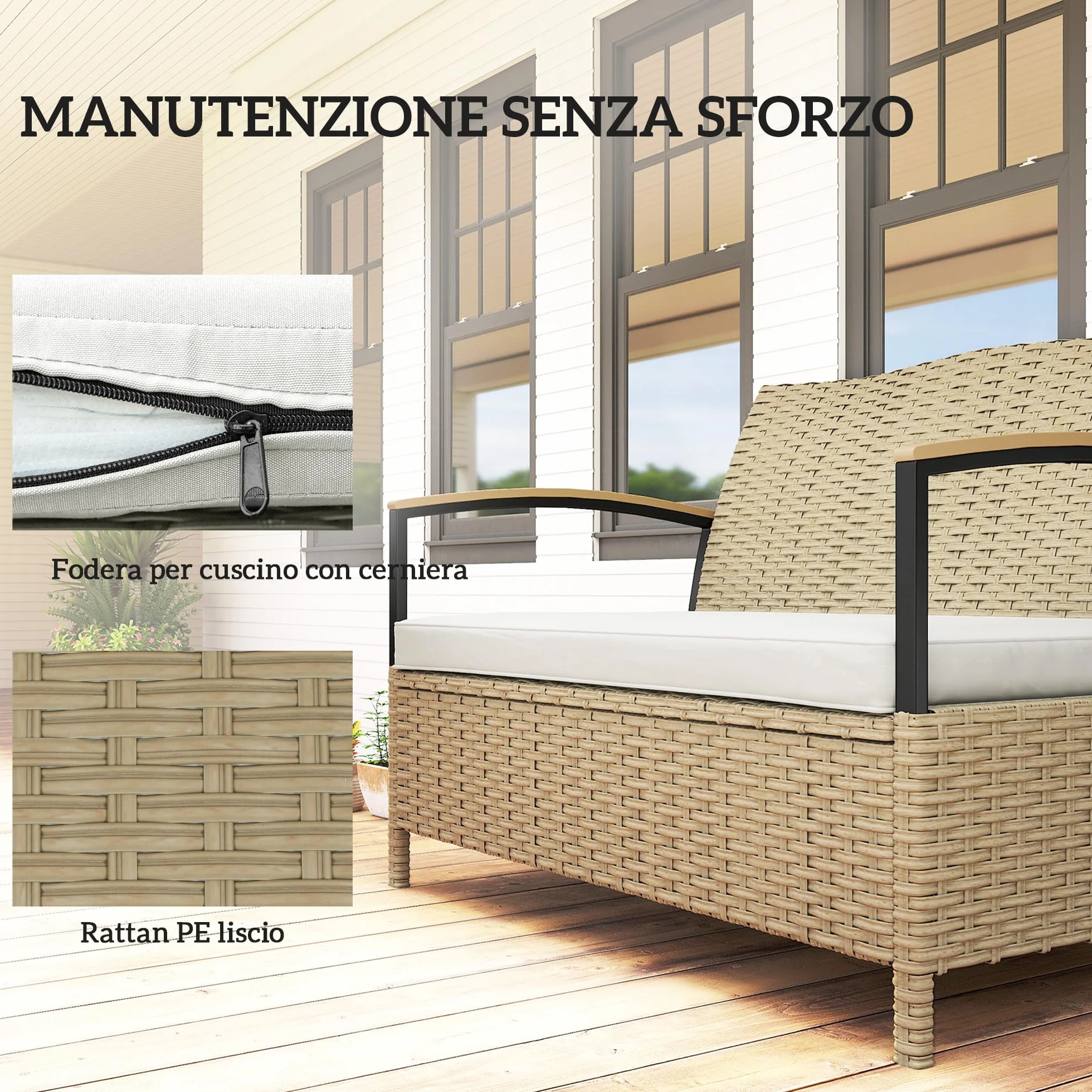 Outsunny Coffre d'extérieur Banc Jardin Rangement 125 L Canapé 2 Places Rotin PE Coussin Métal Terrasse Kaki