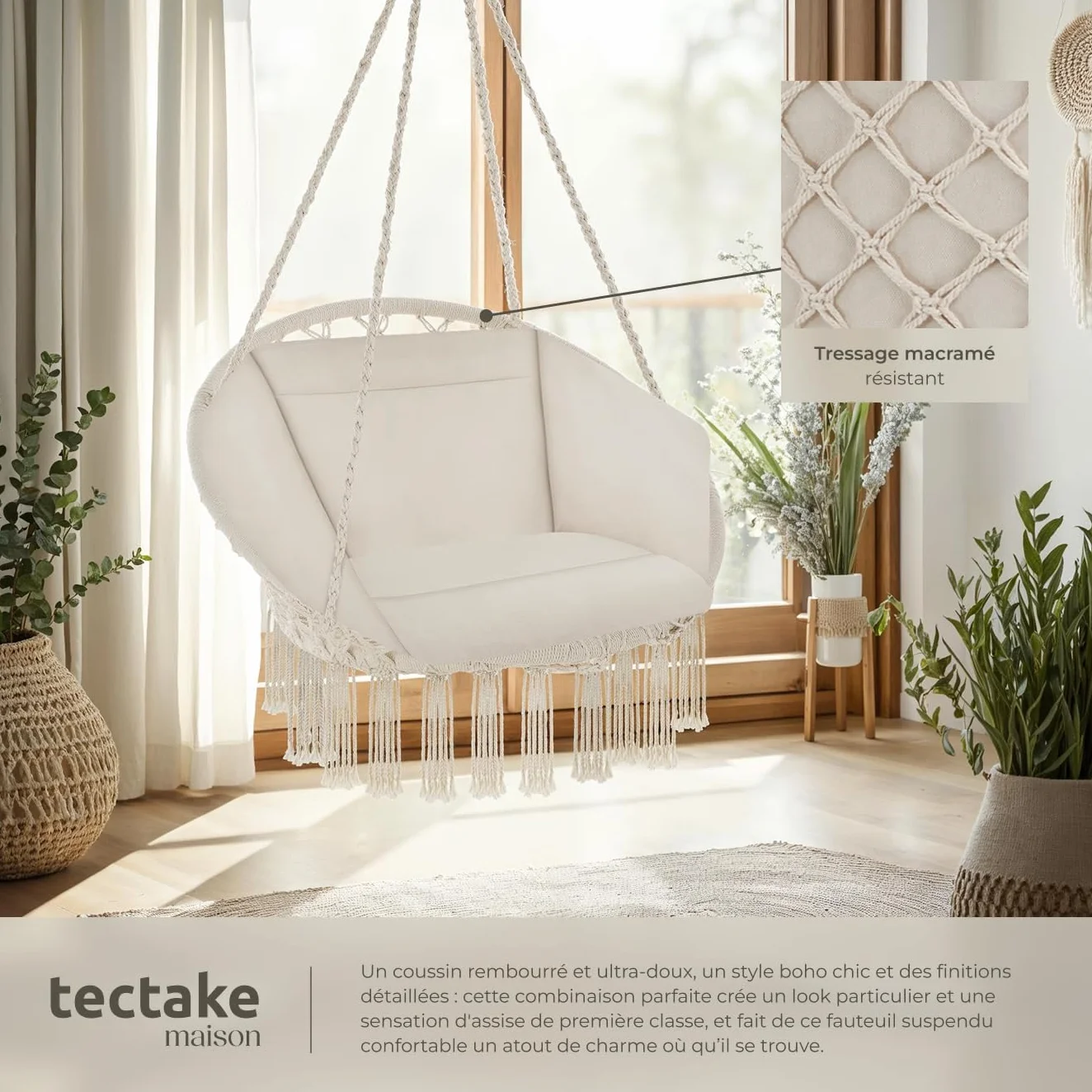 Tectake Fauteuil Suspendu Relax Design Intérieur Extérieur 1 Place Coussin XXL Moelleux Inclus Beige