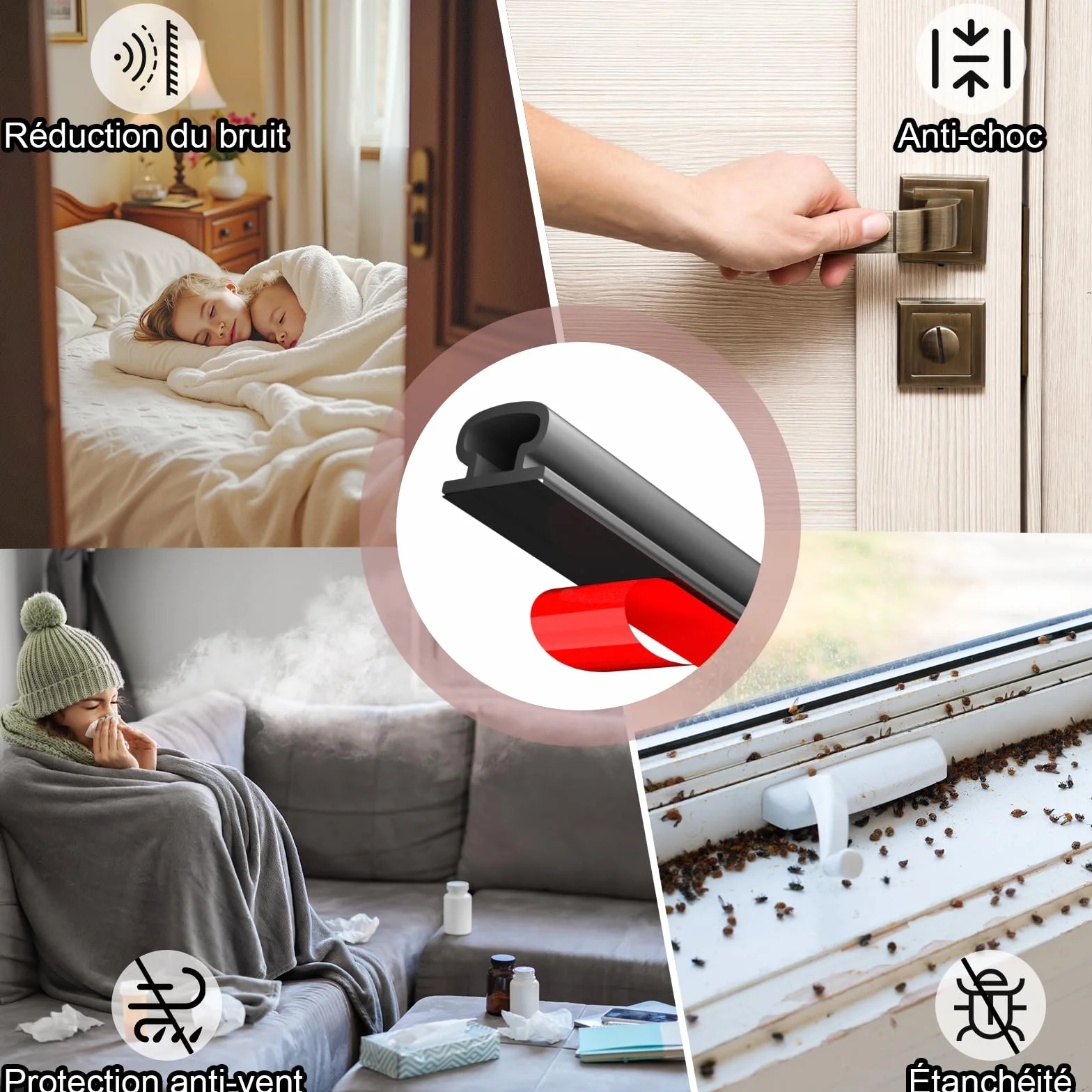 Joint de Porte Autocollant en Caoutchouc - Bande d'Étanchéité avec Isolation Phonique, Efficacité Énergétique, Résistance aux Intempéries, pour Fenêtres, Portes d'Entrée & Intérieurs, 7m Noir