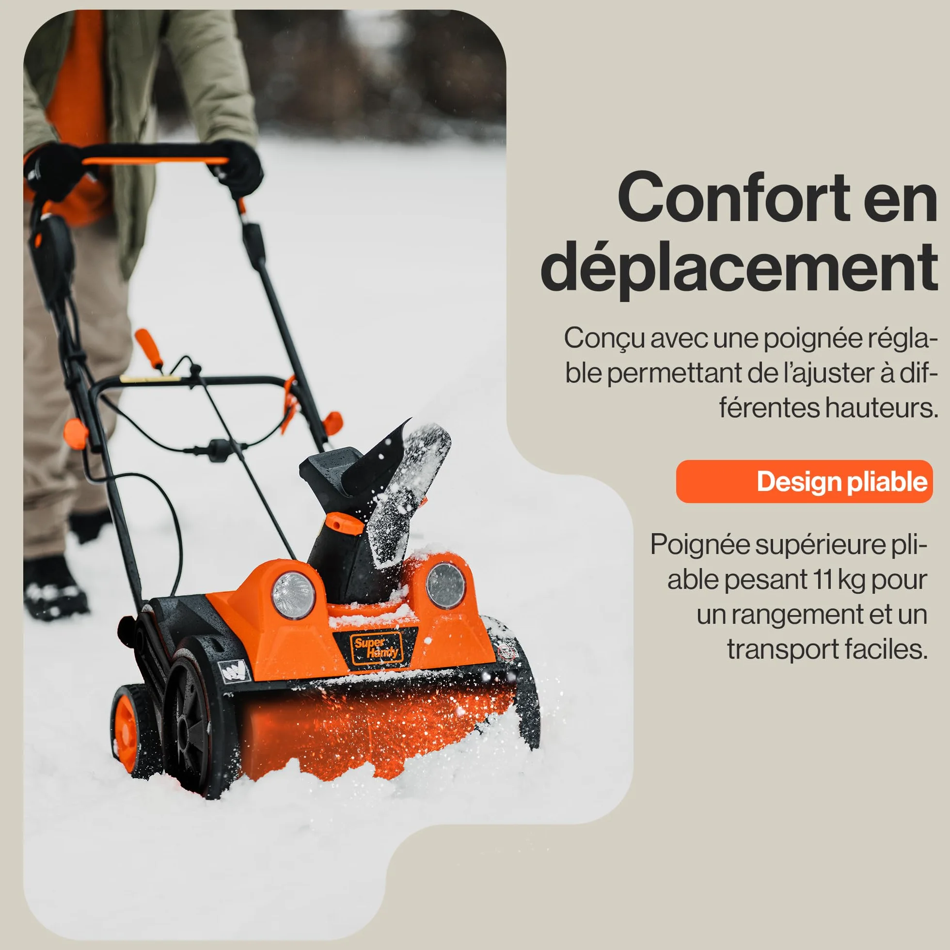 SuperHandy Déneigeuse électrique Filaire 46×25 cm, portée 7 m, capacité 320 kg/Min, phares LED
